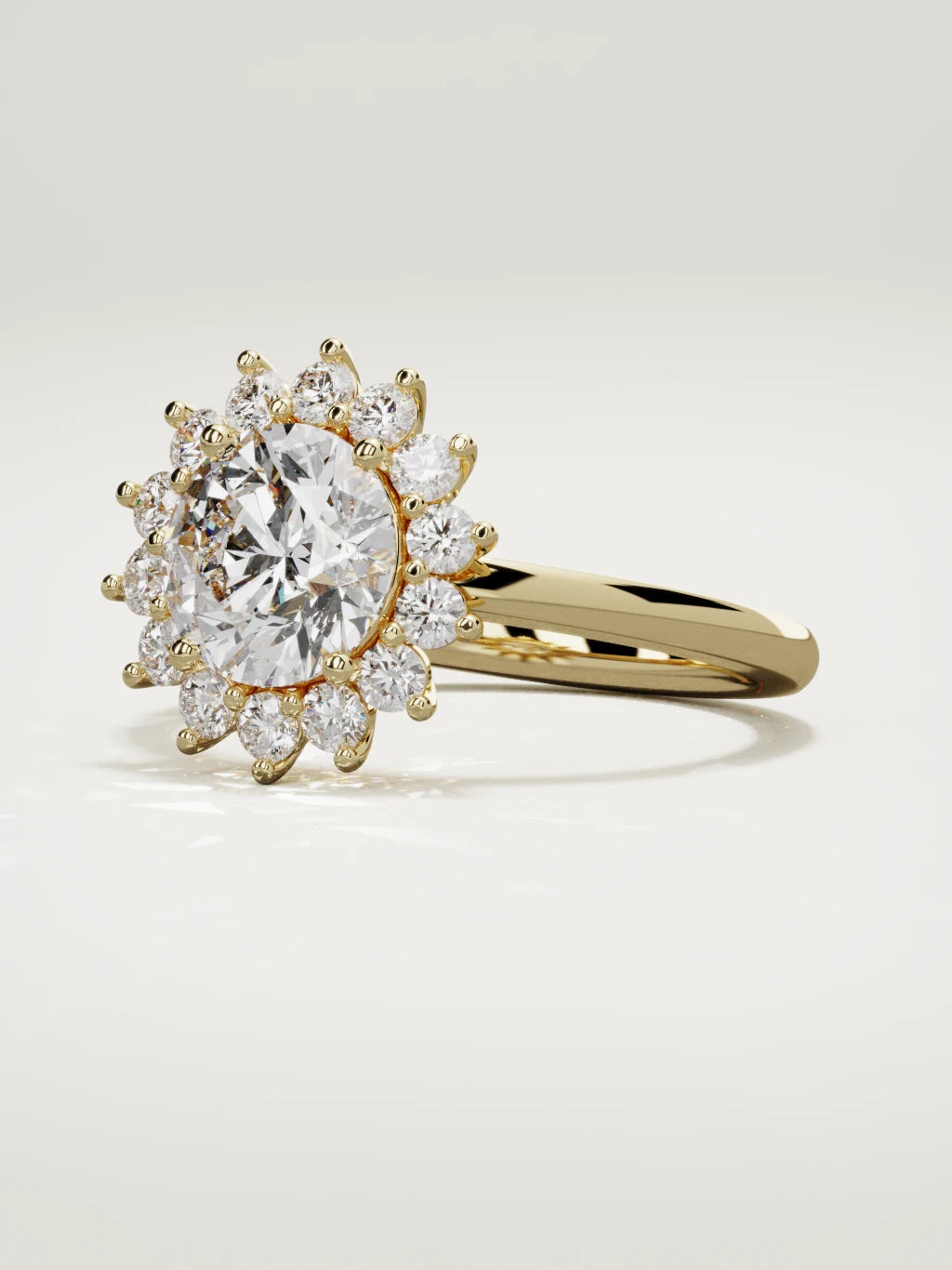 The Aura round lab-grown diamond solitaire in 14K yellow gold, three-quarter view