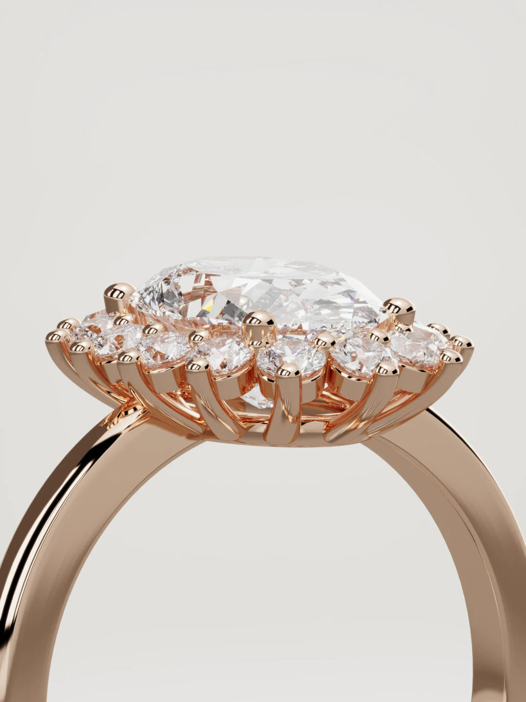 The Aura oval lab-grown diamond solitaire in 14K rose gold, standing three-quarter view