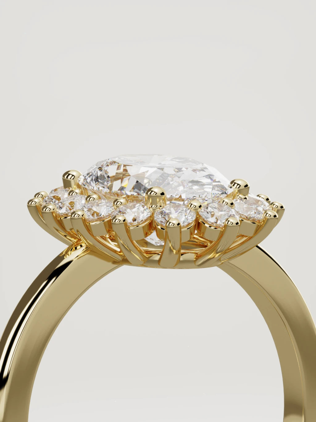 The Aura oval lab-grown diamond solitaire in 14K yellow gold, standing three-quarter view