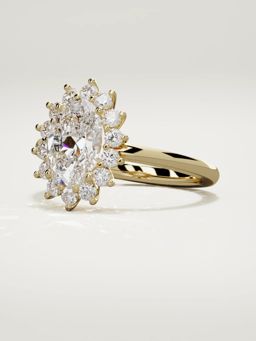 The Aura oval lab-grown diamond solitaire in 14K yellow gold, three-quarter view