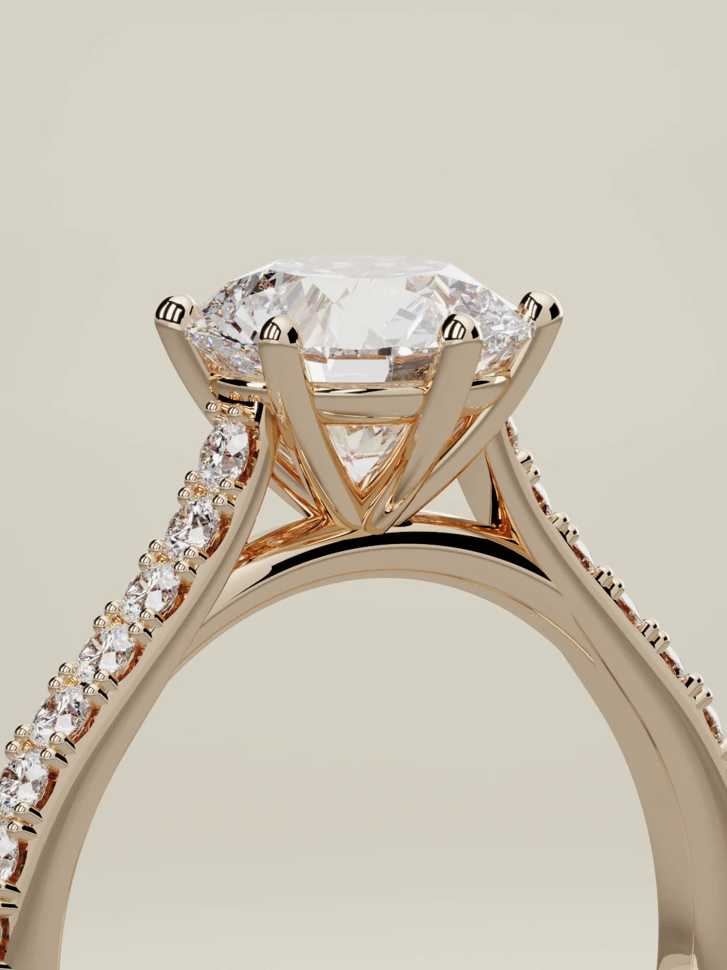 The Blonda round lab-grown diamond solitaire in 14K rose gold, standing three-quarter view