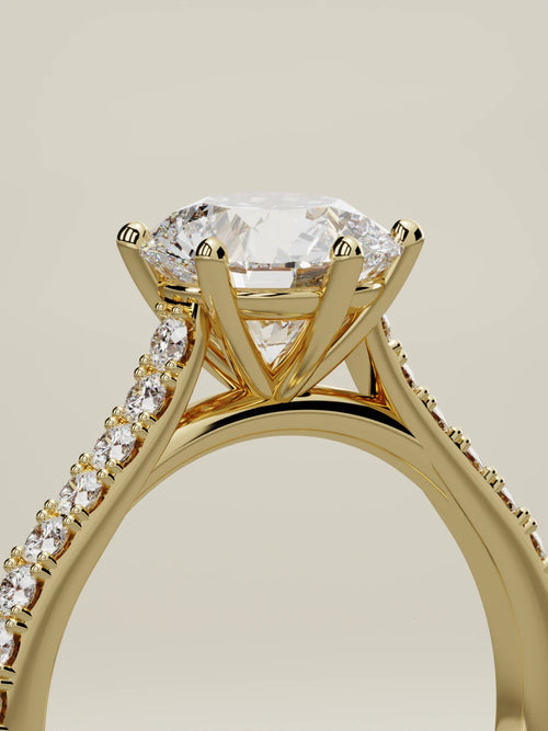 The Blonda round lab-grown diamond solitaire in 14K yellow gold, standing three-quarter view