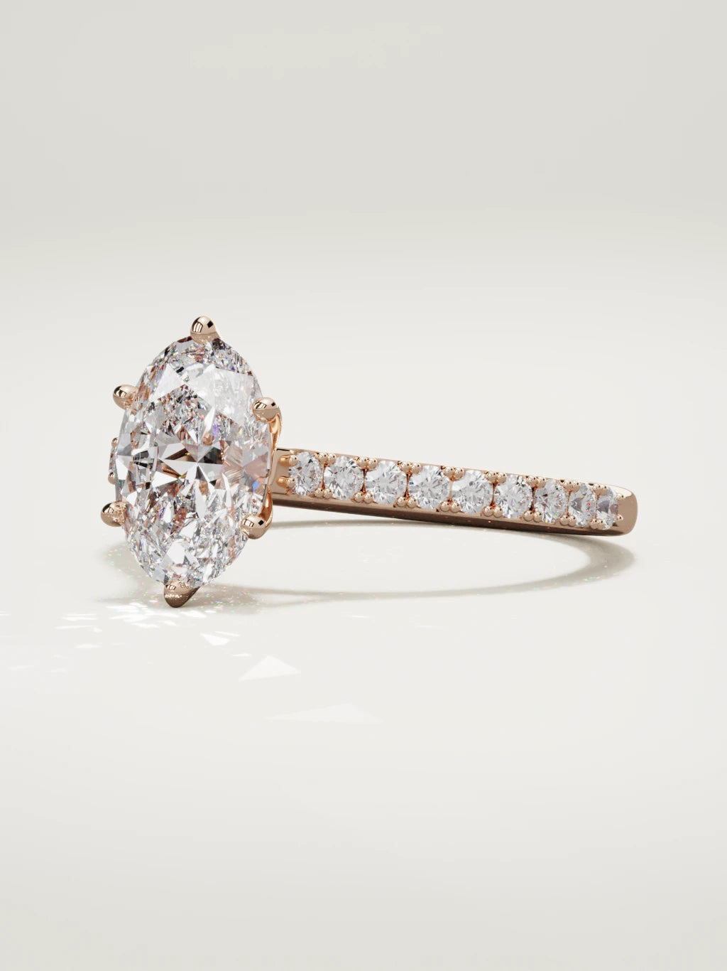 The Blonda oval lab-grown diamond solitaire in 14K rose gold, three-quarter view