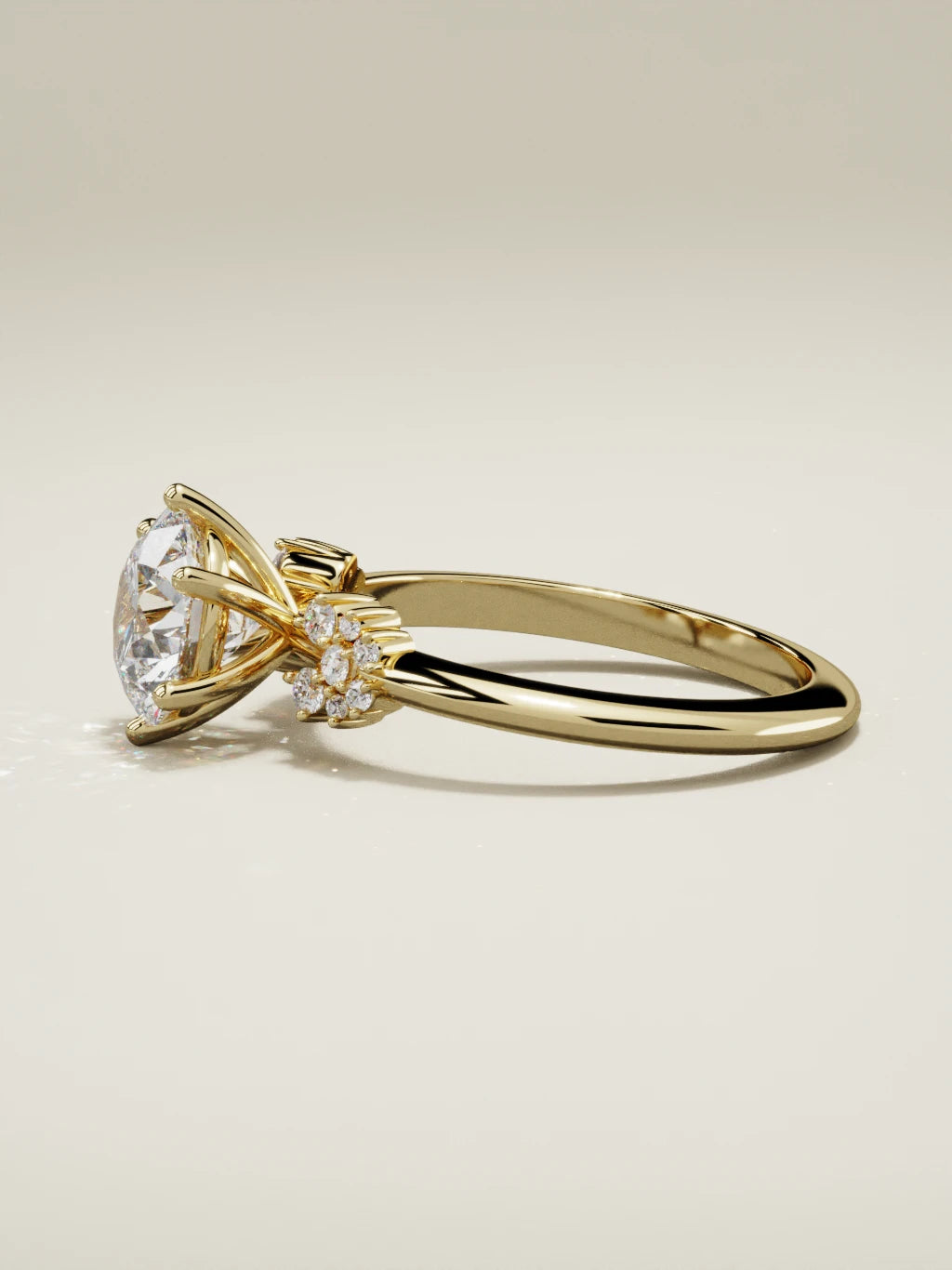 The Flora round lab-grown diamond solitaire in 14K yellow gold, side view
