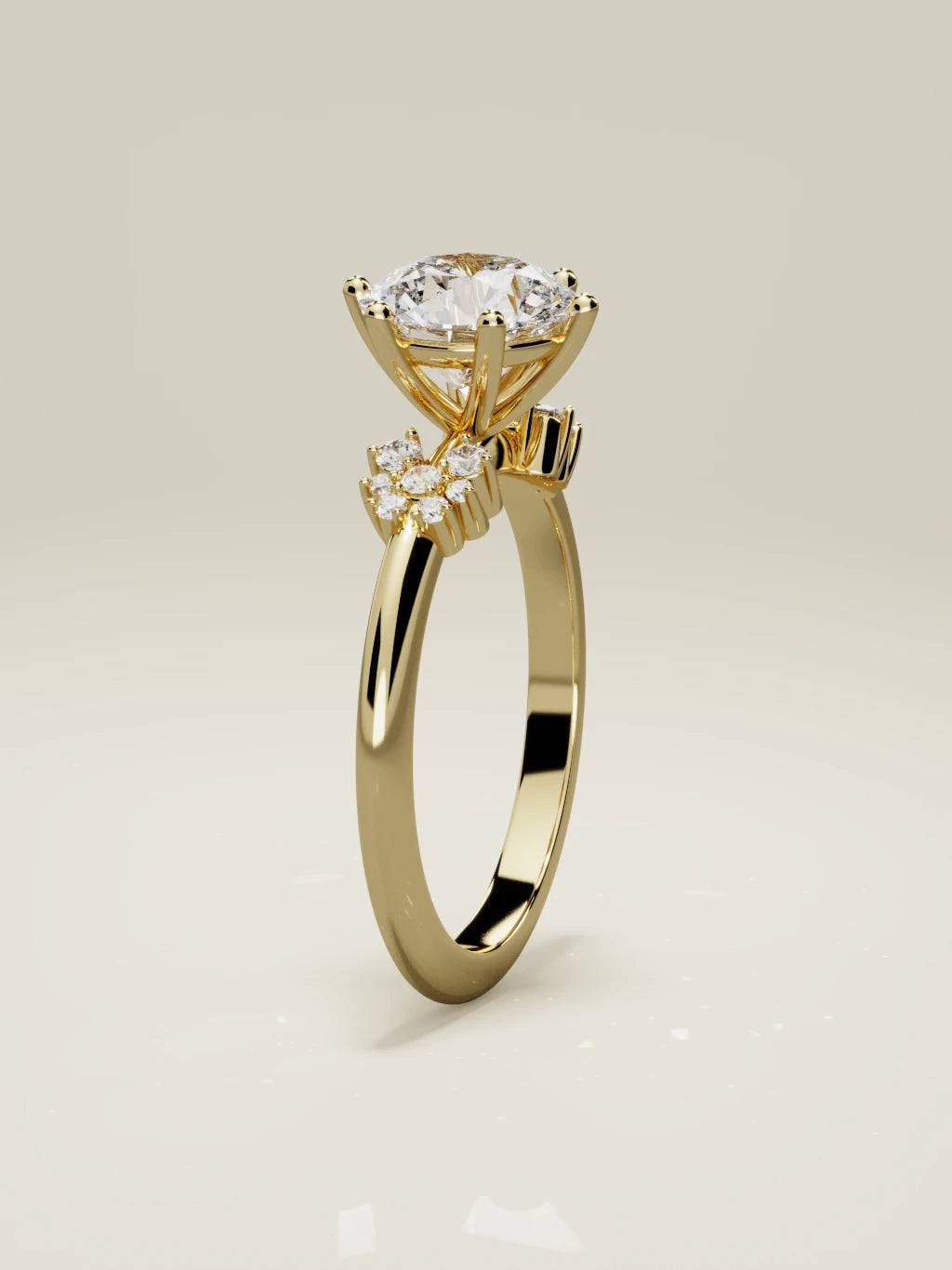 The Flora round lab-grown diamond solitaire in 14K yellow gold, standing front view