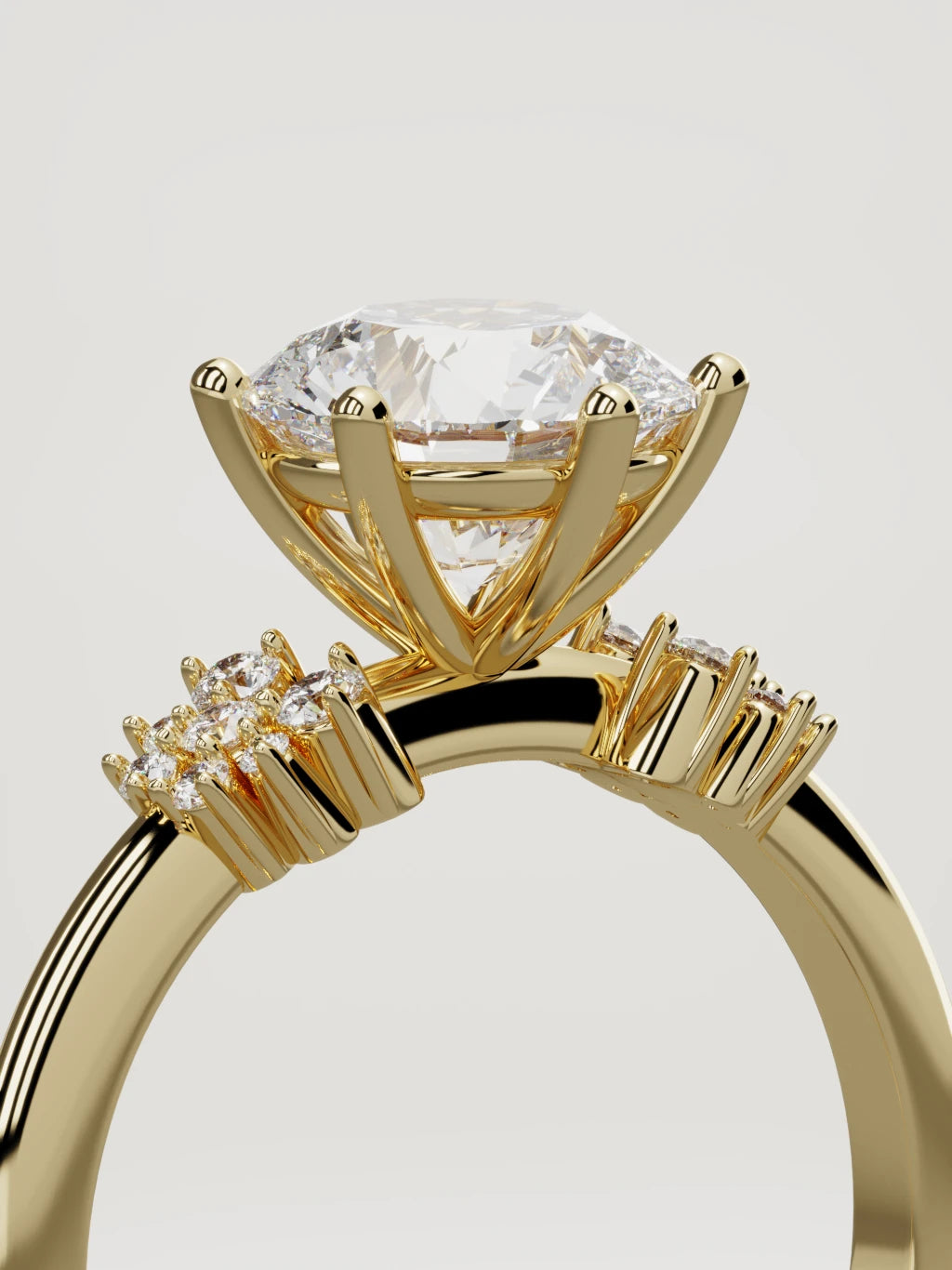 The Flora round lab-grown diamond solitaire in 14K yellow gold, standing three-quarter view