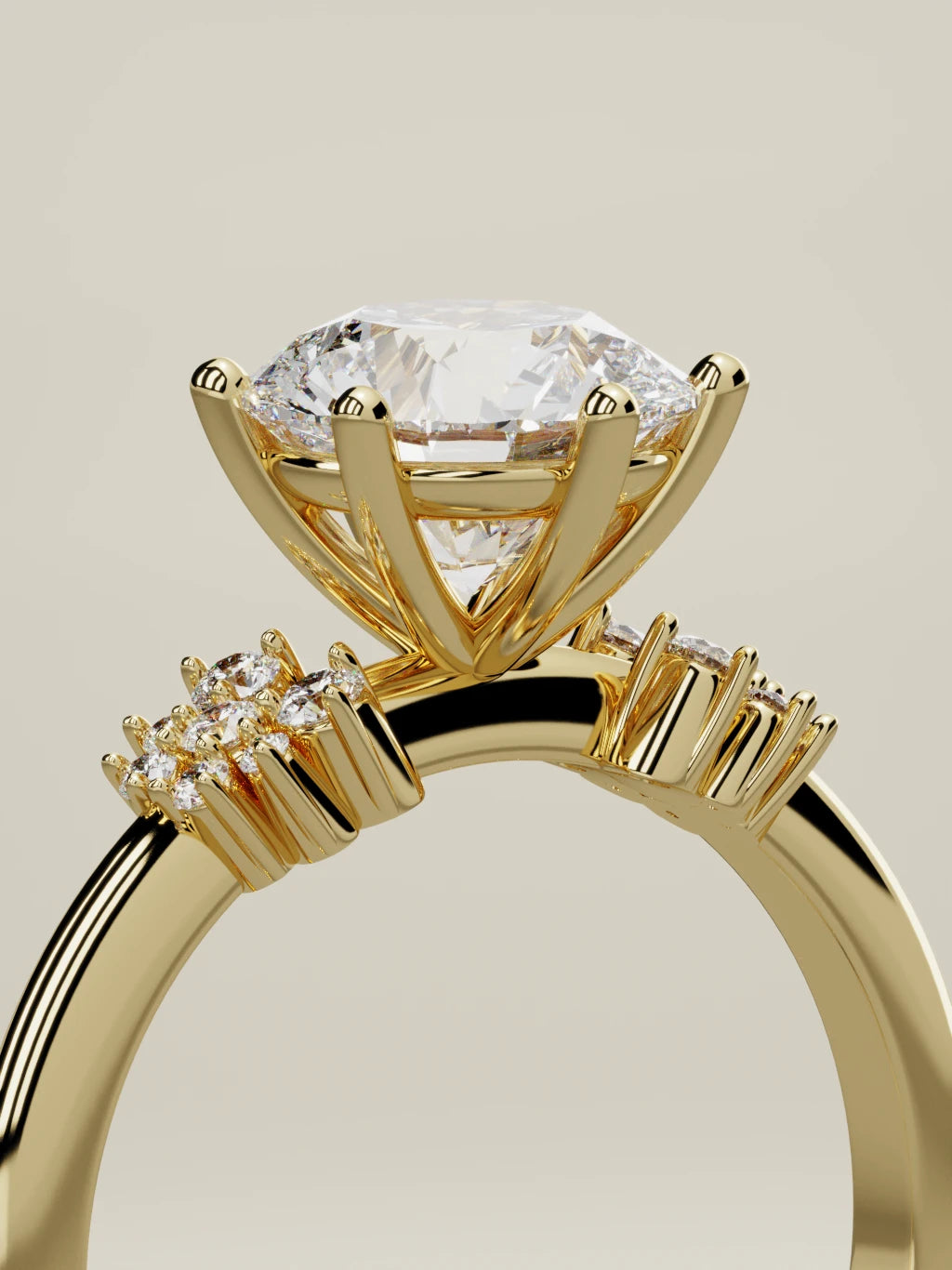 The Flora round lab-grown diamond solitaire in 14K yellow gold, standing three-quarter view