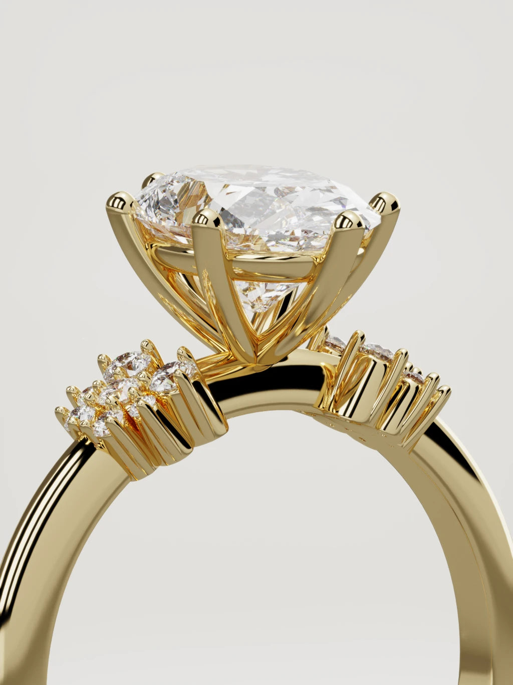 The Flora oval lab-grown diamond solitaire in 14K yellow gold, standing three-quarter view