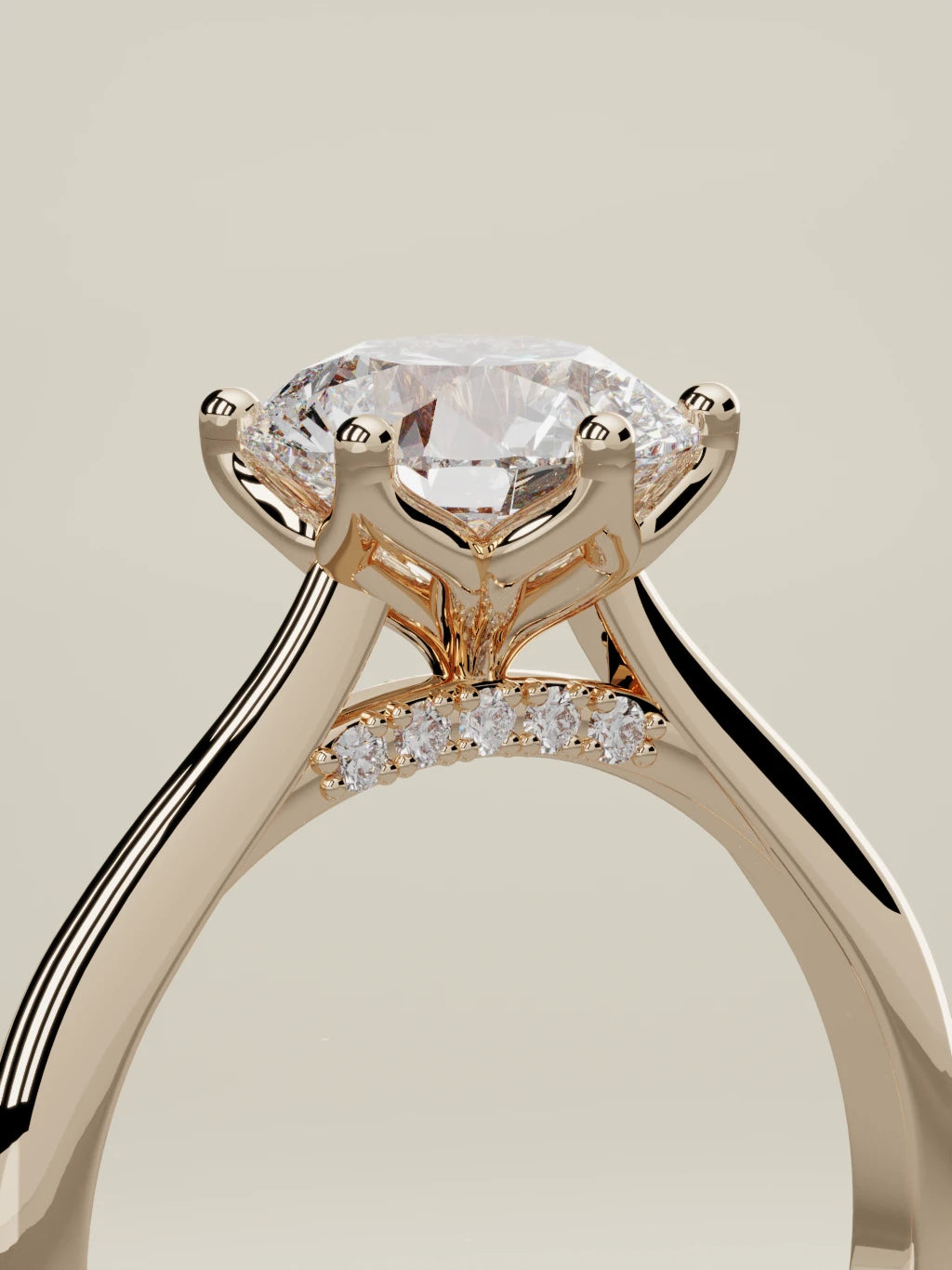 The Iris, solitario con diamante redondo de laboratorio en oro rosa 14K, de pie, vista de tres cuartos