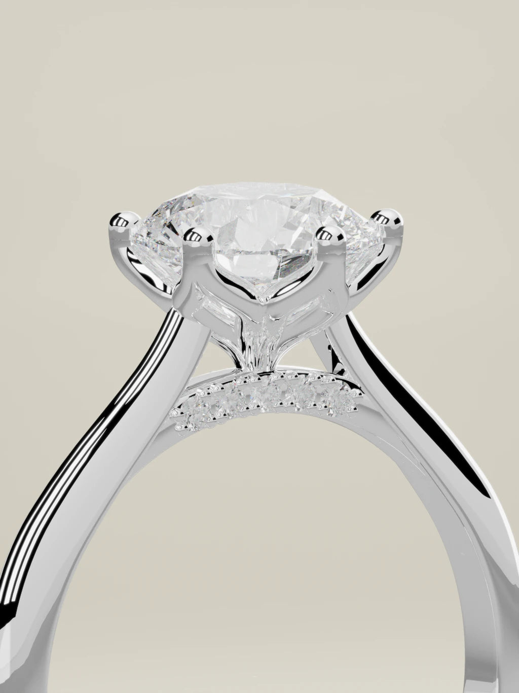 The Iris, solitario con diamante redondo de laboratorio en oro blanco 14K, de pie, vista de tres cuartos