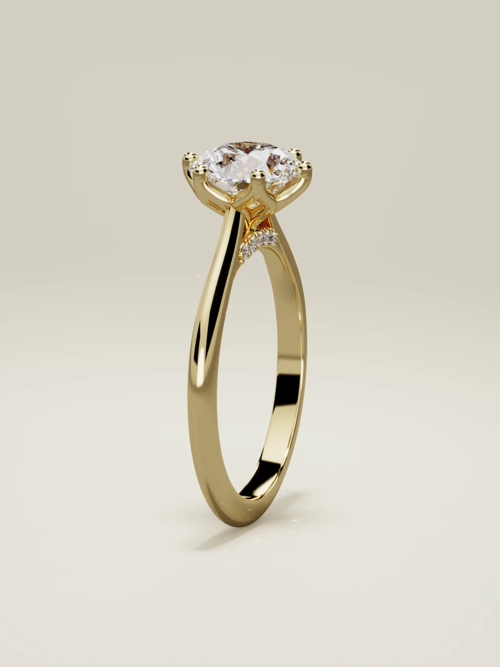 The Iris, solitario con diamante redondo de laboratorio en oro amarillo 14K, de pie, vista frontal