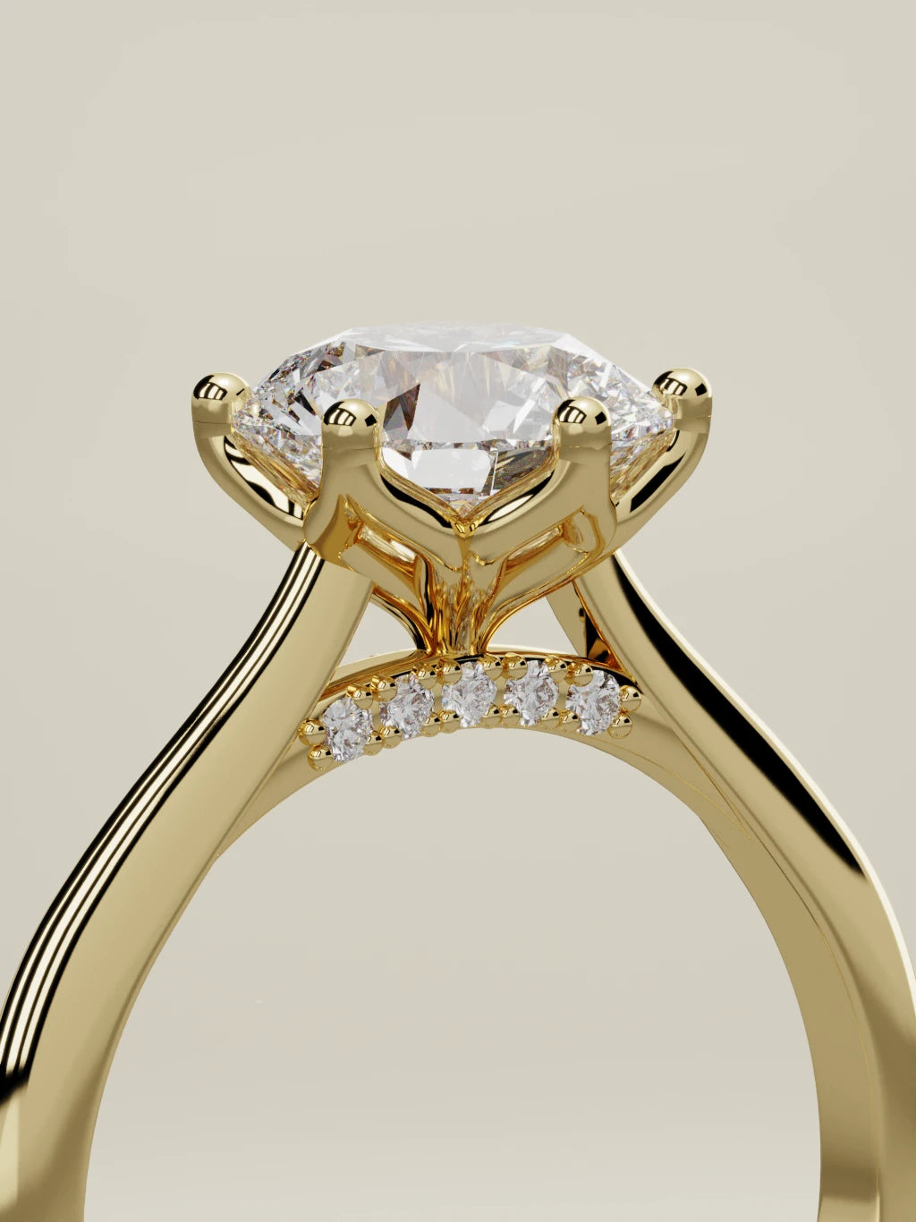 The Iris round lab-grown diamond solitaire in 14K yellow gold, standing three-quarter view