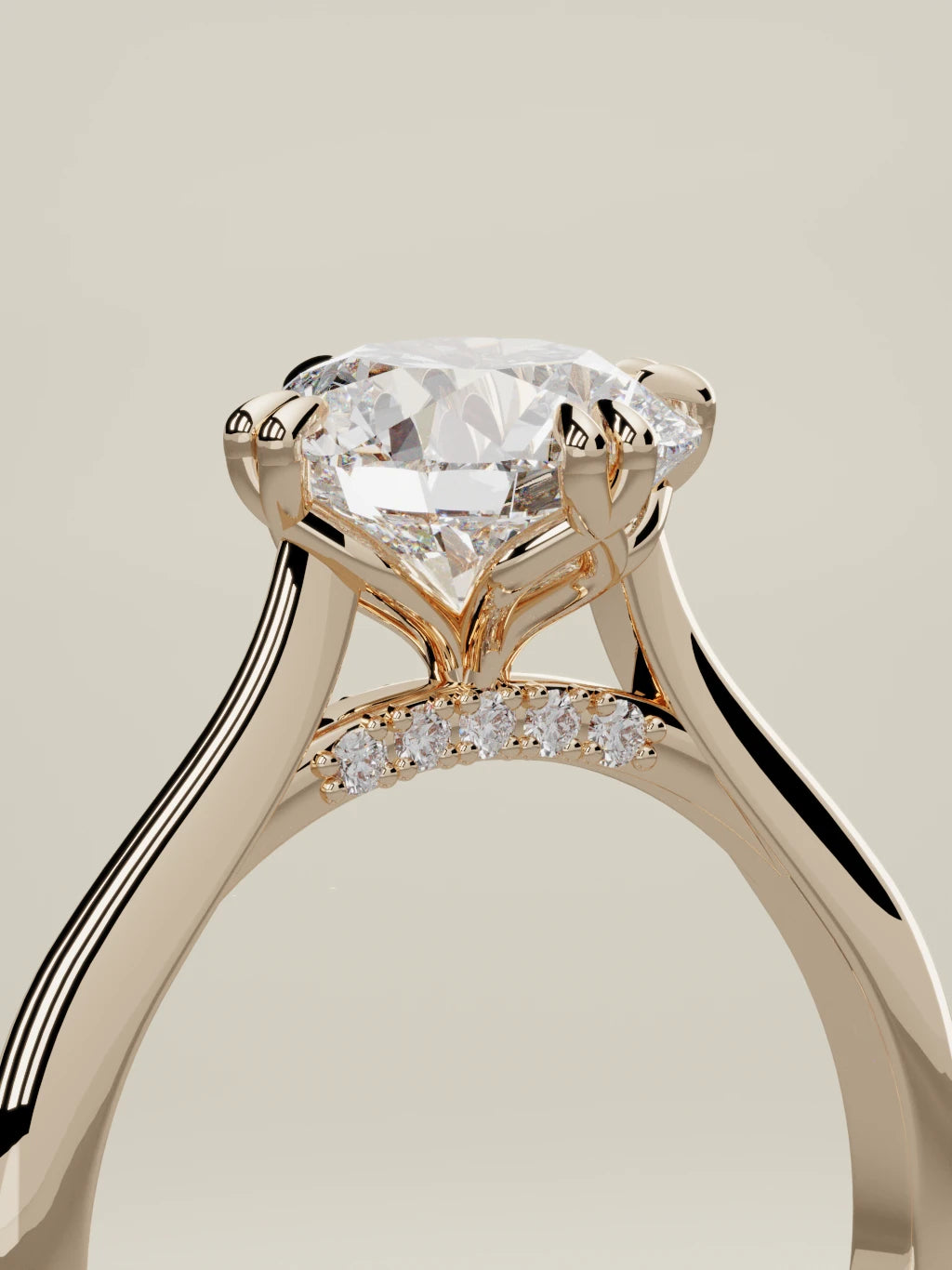 The Jazmin round lab-grown diamond solitaire in 14K rose gold, standing three-quarter view