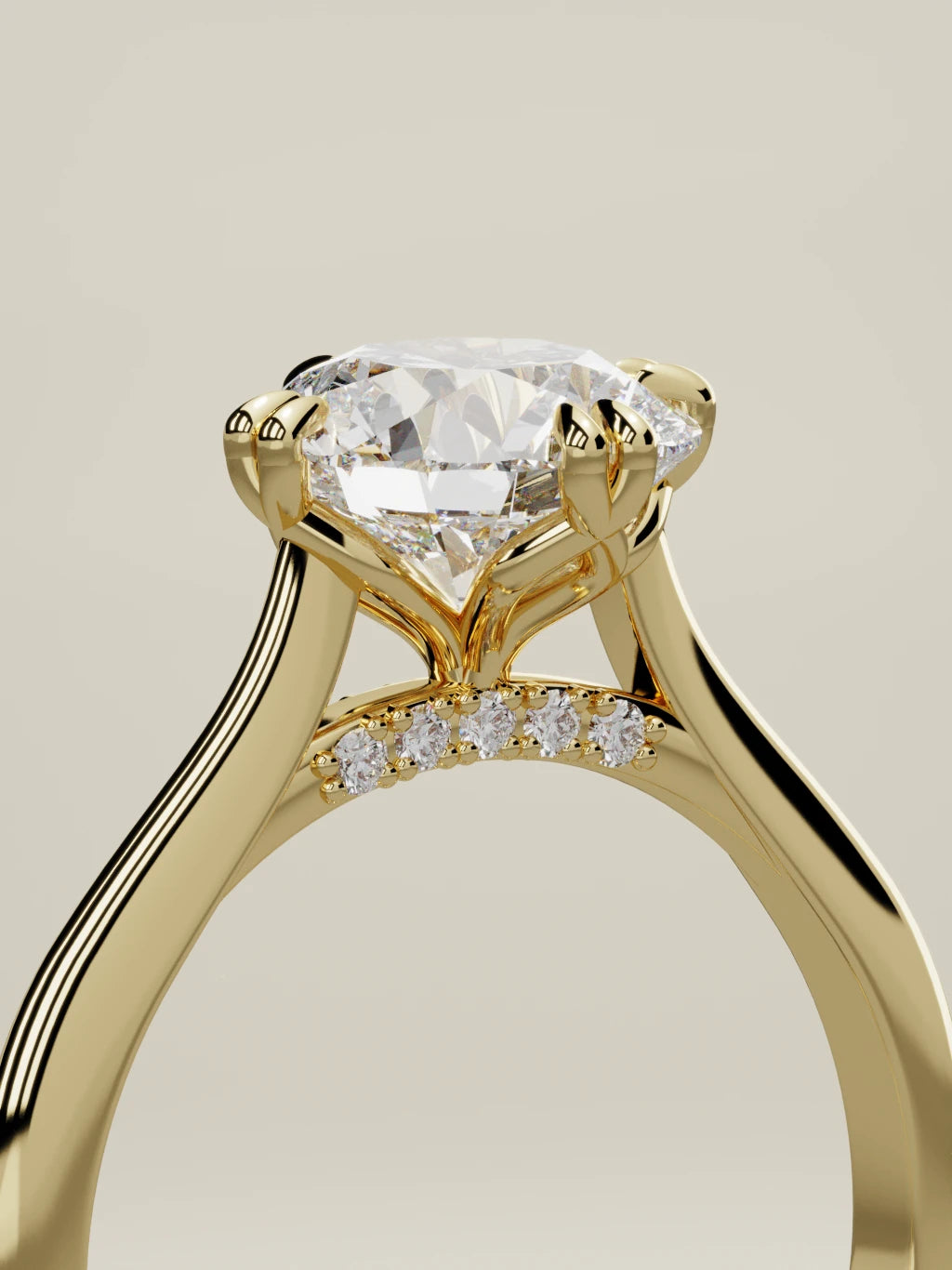 The Jazmin round lab-grown diamond solitaire in 14K yellow gold, standing three-quarter view