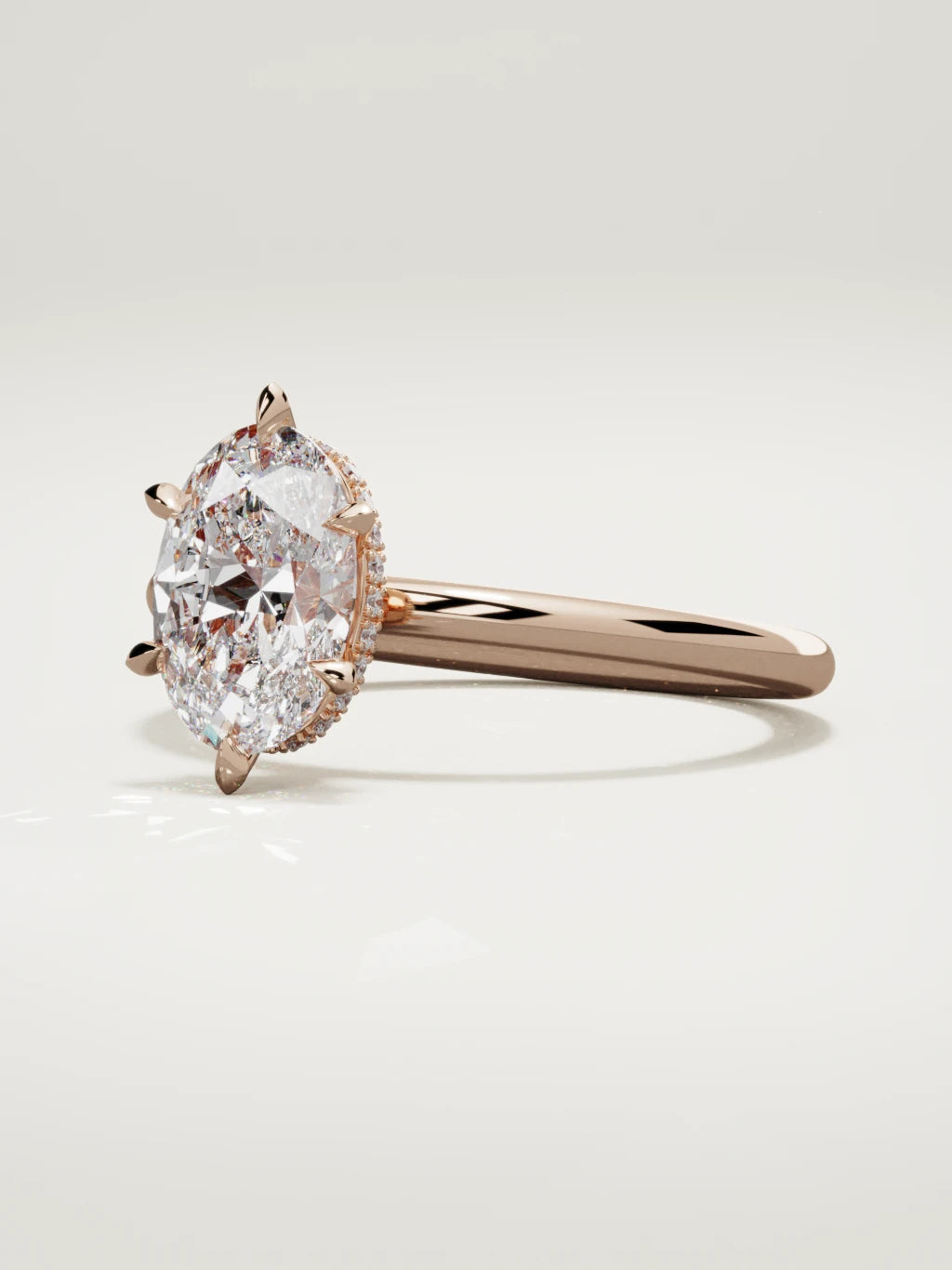 The Velo oval lab-grown diamond solitaire in 14K rose gold, three-quarter view
