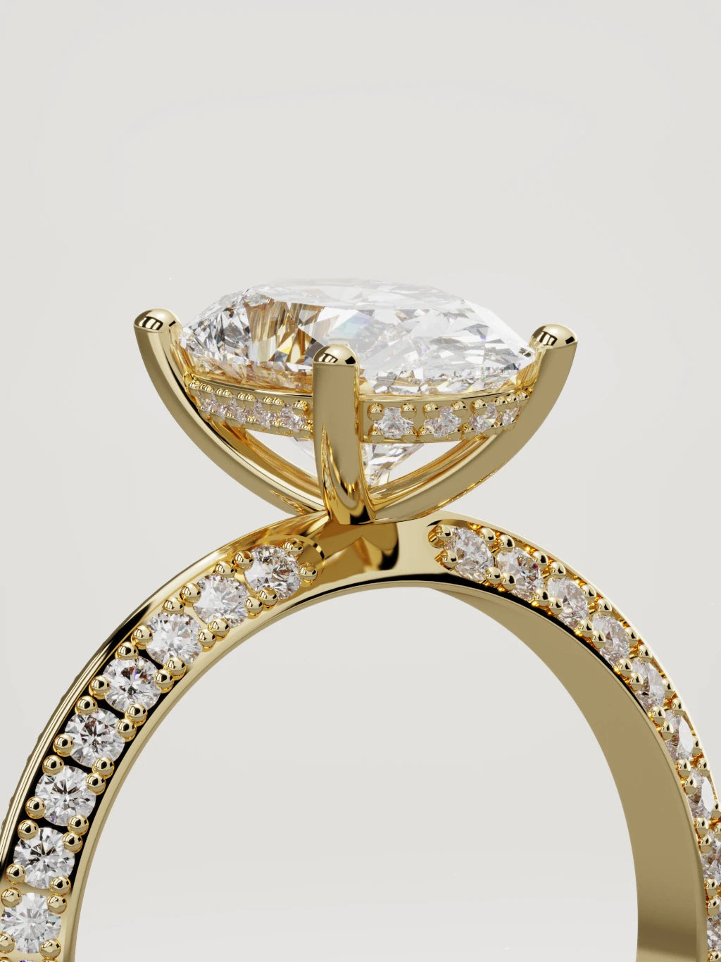 The Vera oval lab-grown diamond solitaire in 14K yellow gold, standing three-quarter view