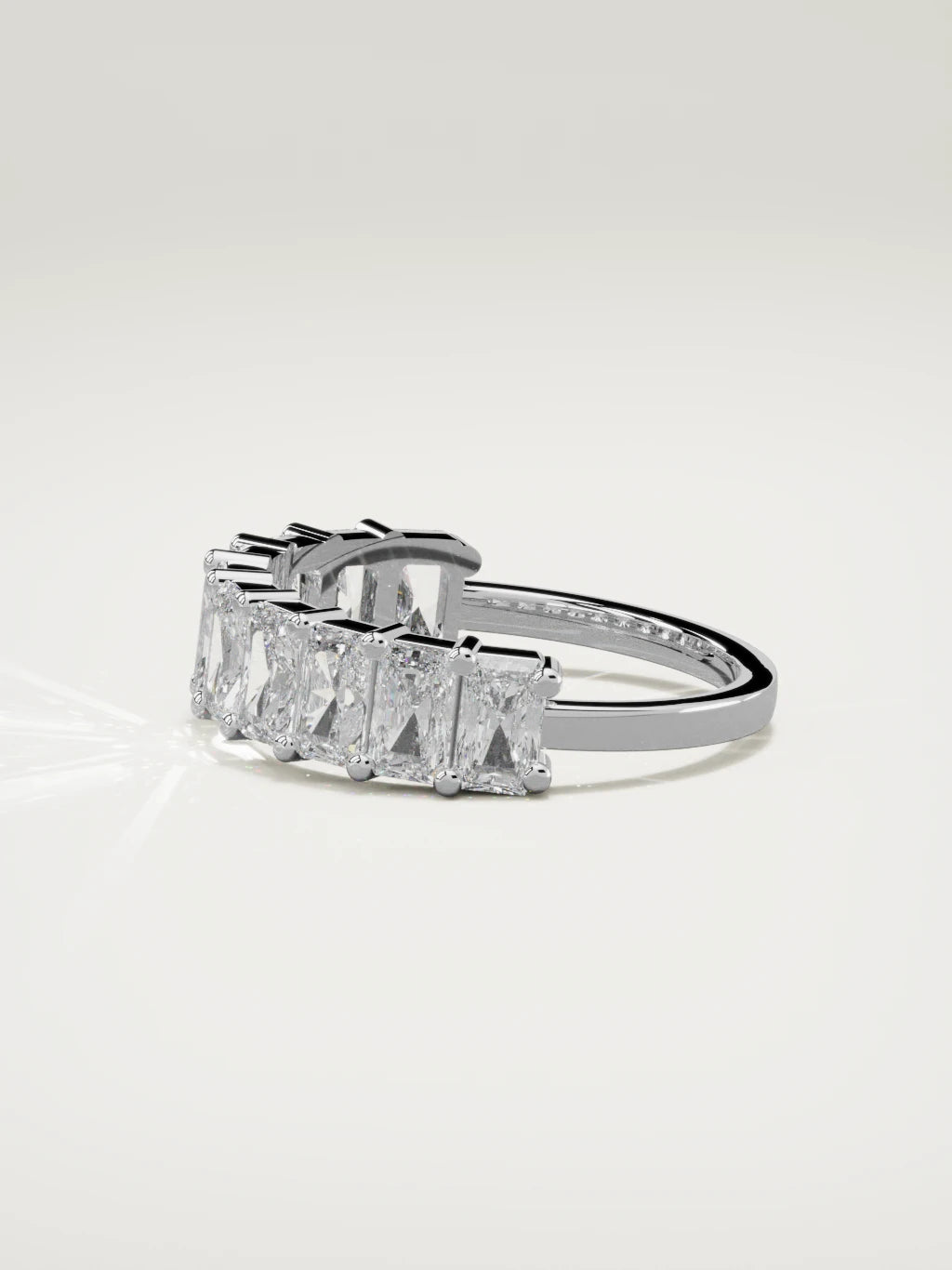 The Astra large prong radiant-cut half eternity band in 14K white gold, side view