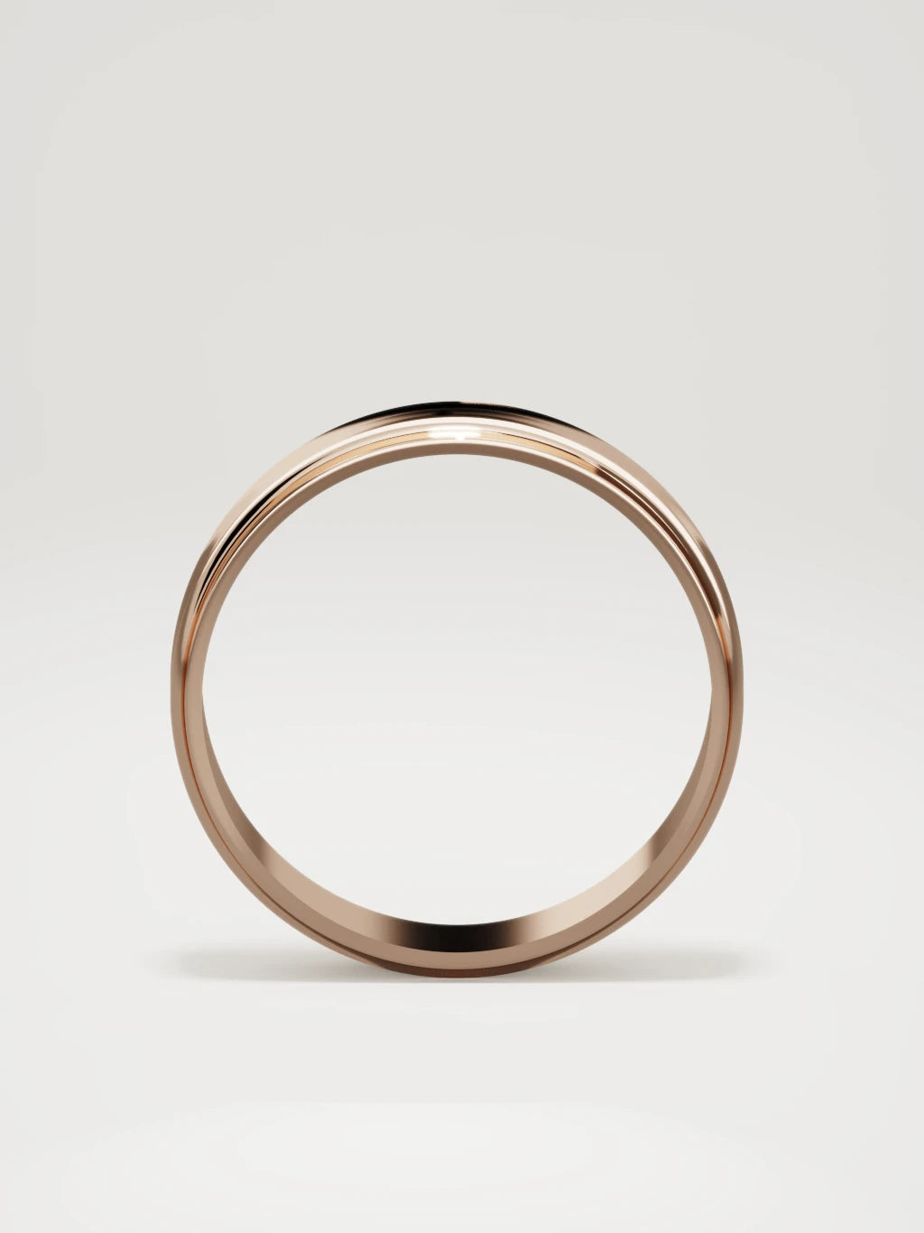 The Marco beveled-edge men's wedding band in 14K rose gold, 5 mm, standing front view