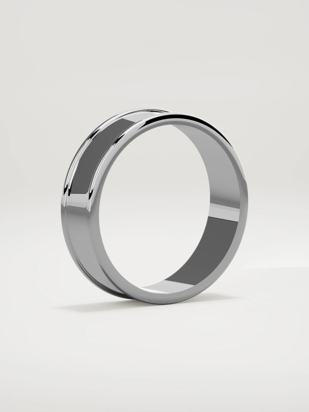 The Valle channel men's wedding band in 14K white gold, 6 mm, standing three-quarter view