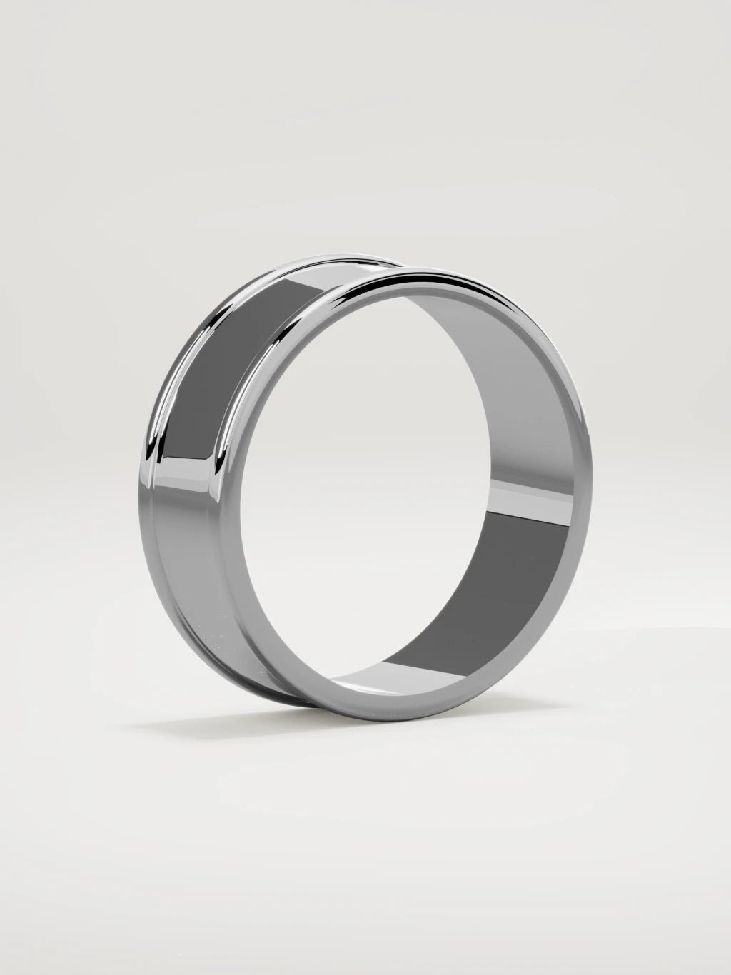 The Valle channel men's wedding band in 14K white gold, 7 mm, standing three-quarter view
