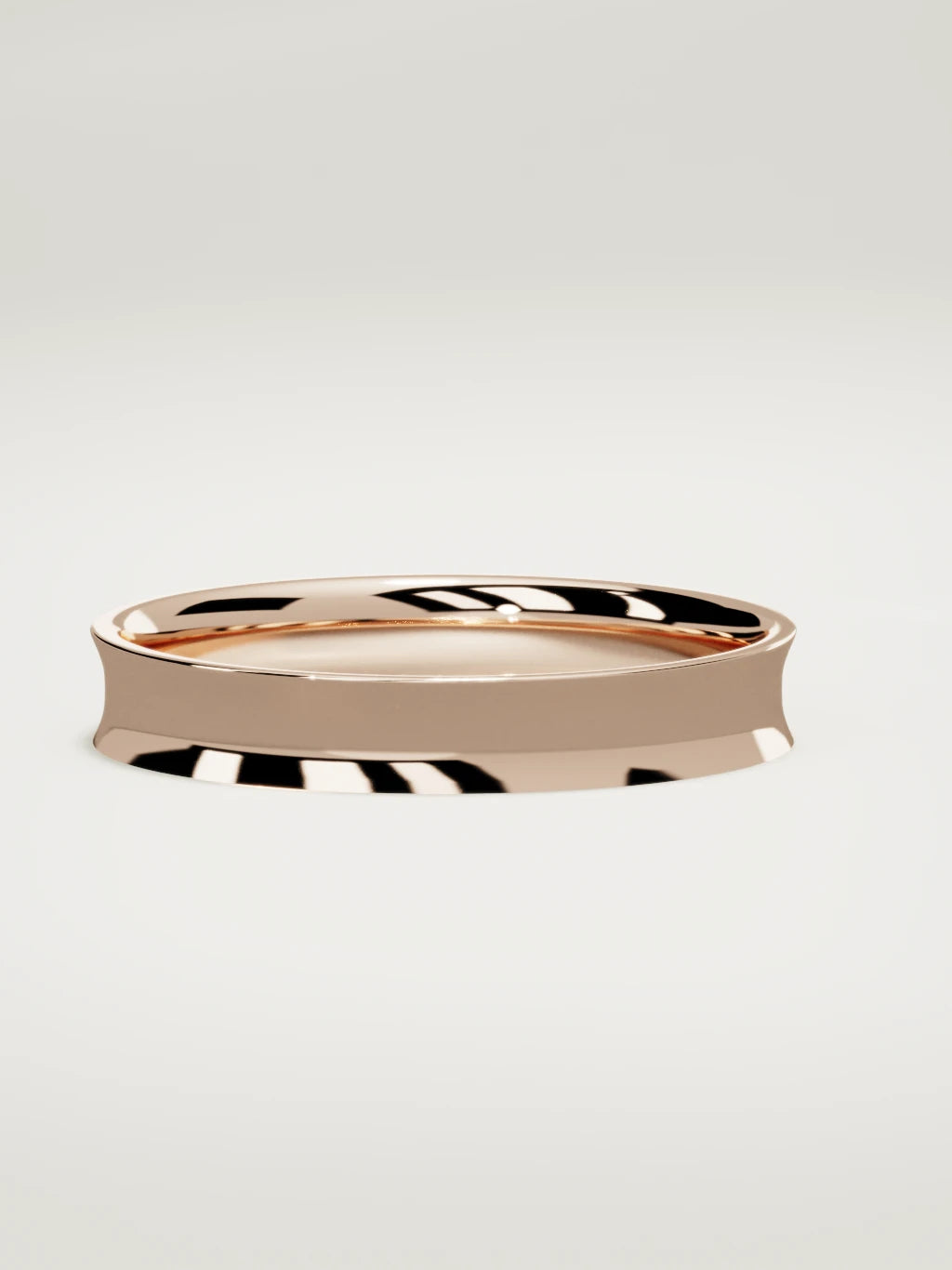 The Calma comfort-fit flat men's wedding band in 14K rose gold, 4 mm, three-quarter view