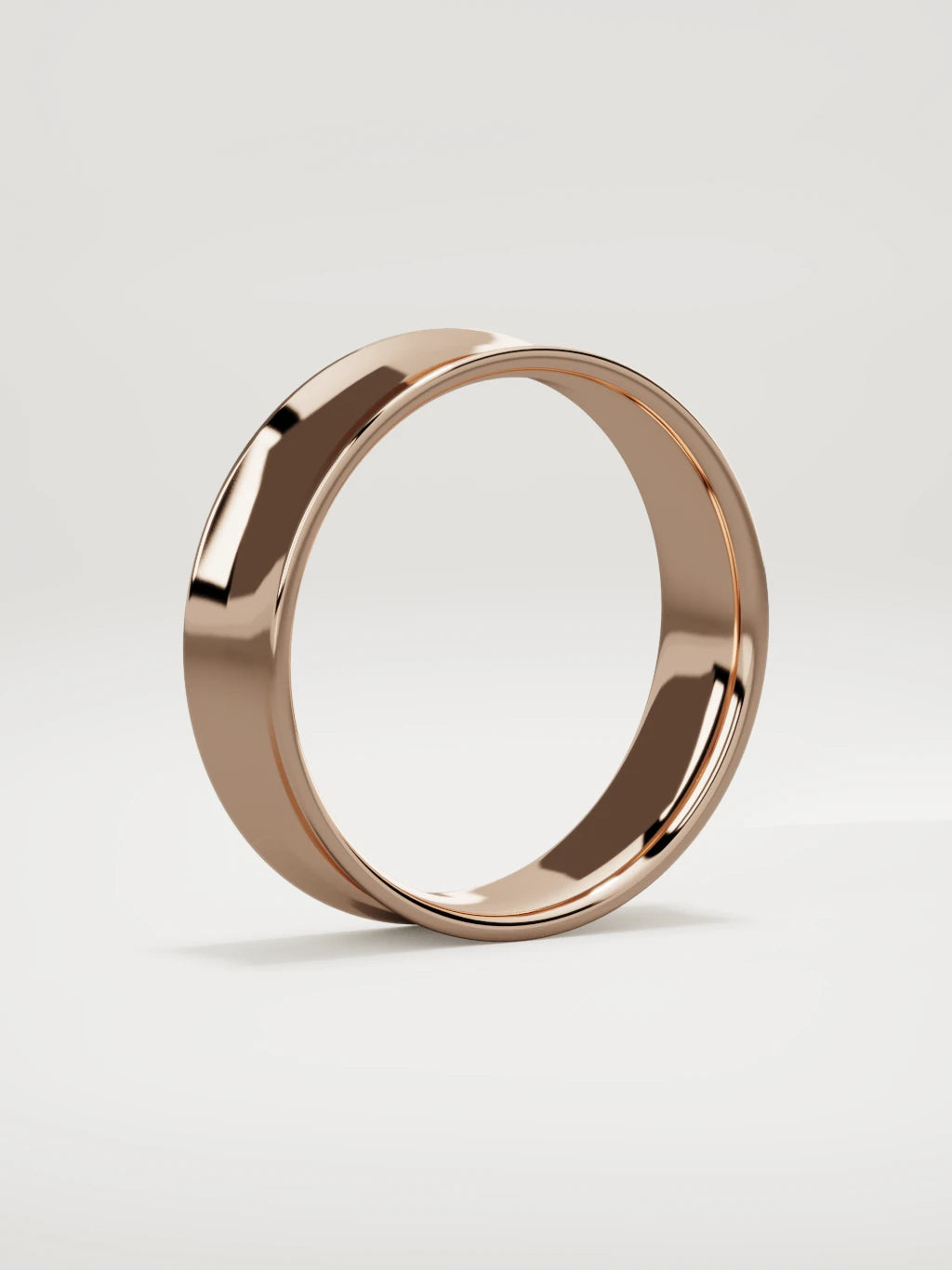 The Calma comfort-fit flat men's wedding band in 14K rose gold, 6 mm, standing three-quarter view
