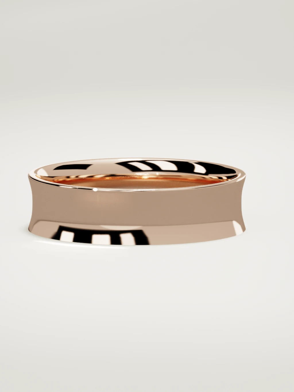 The Calma comfort-fit flat men's wedding band in 14K rose gold, 6 mm, three-quarter view