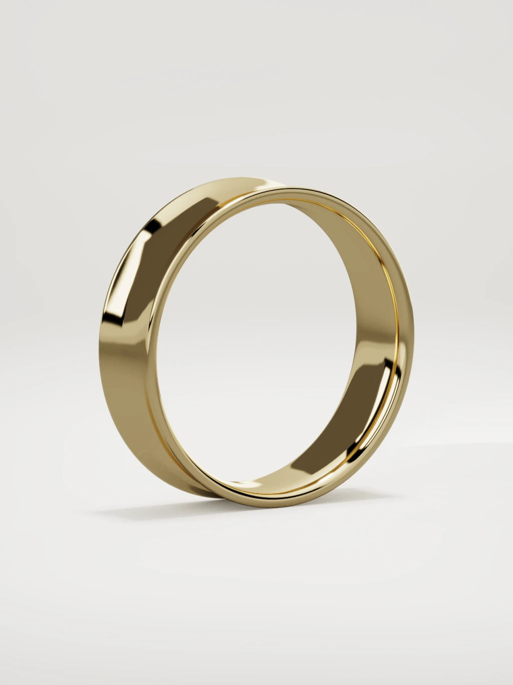 The Calma comfort-fit flat men's wedding band in 14K yellow gold, 6 mm, standing three-quarter view