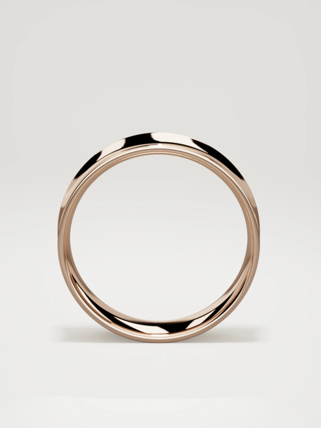 The Calma comfort-fit flat men's wedding band in 14K rose gold, 7 mm, standing front view