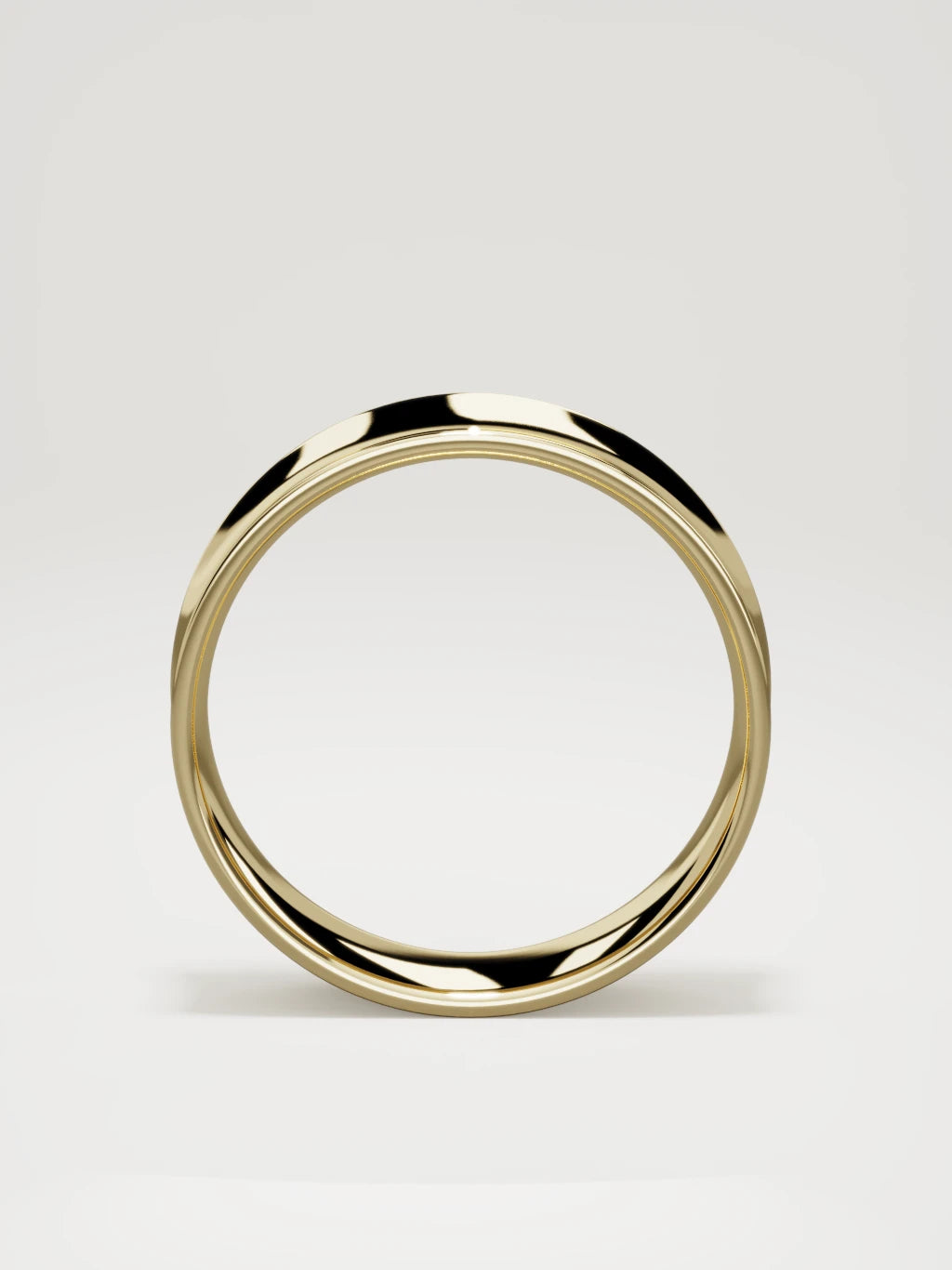 The Calma comfort-fit flat men's wedding band in 14K yellow gold, 7 mm, standing front view
