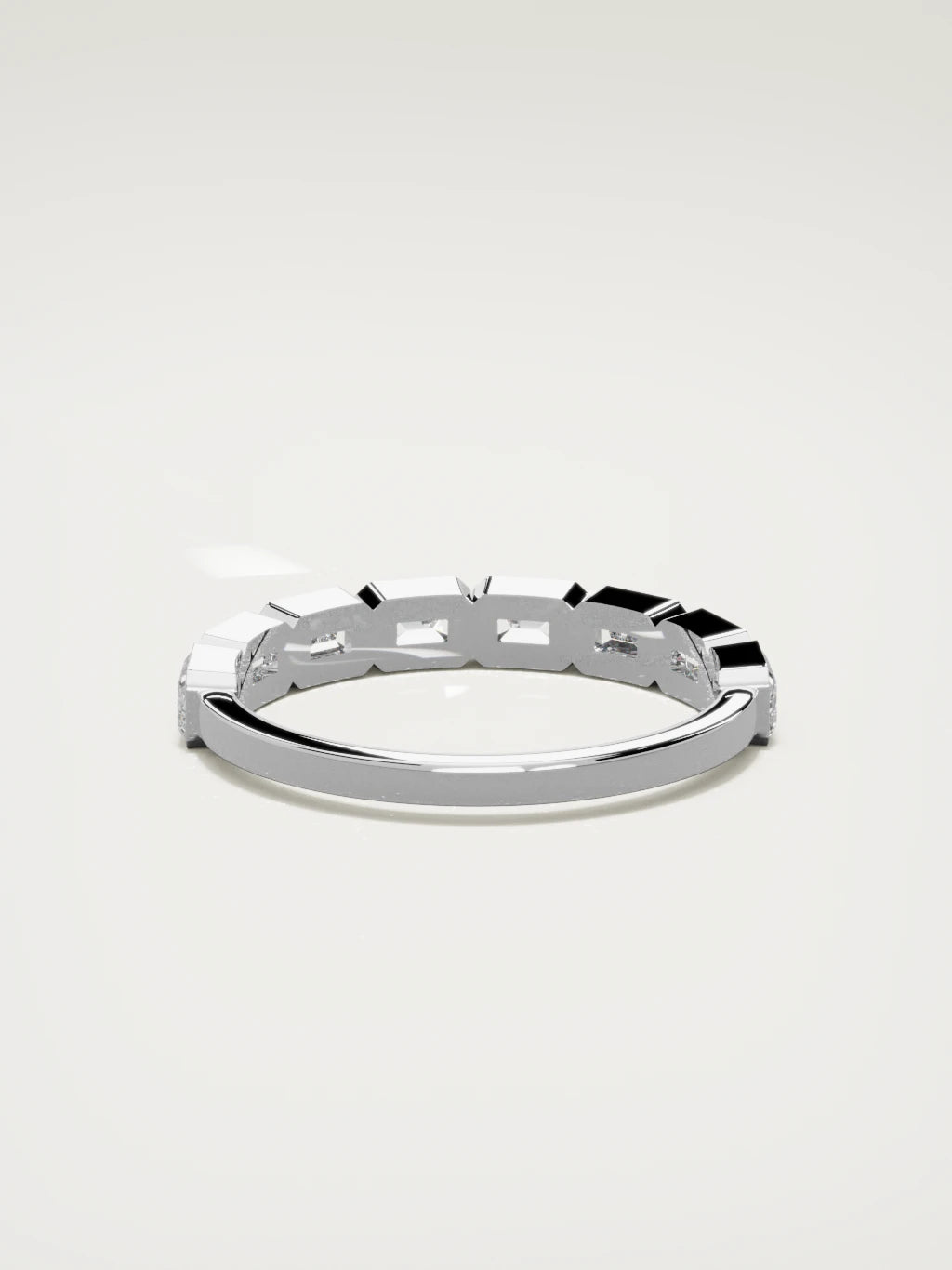 The Cristal east-west bezel emerald-cut band in 14K white gold, back view