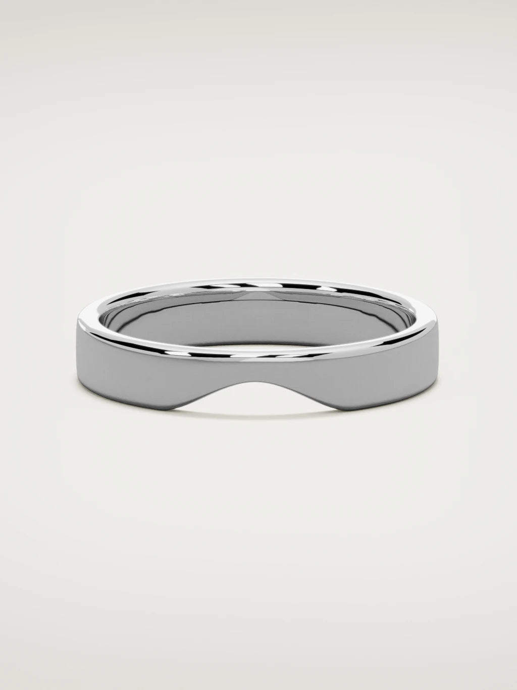 The Cuna wide notched contour wedding band in 14K white gold, front view