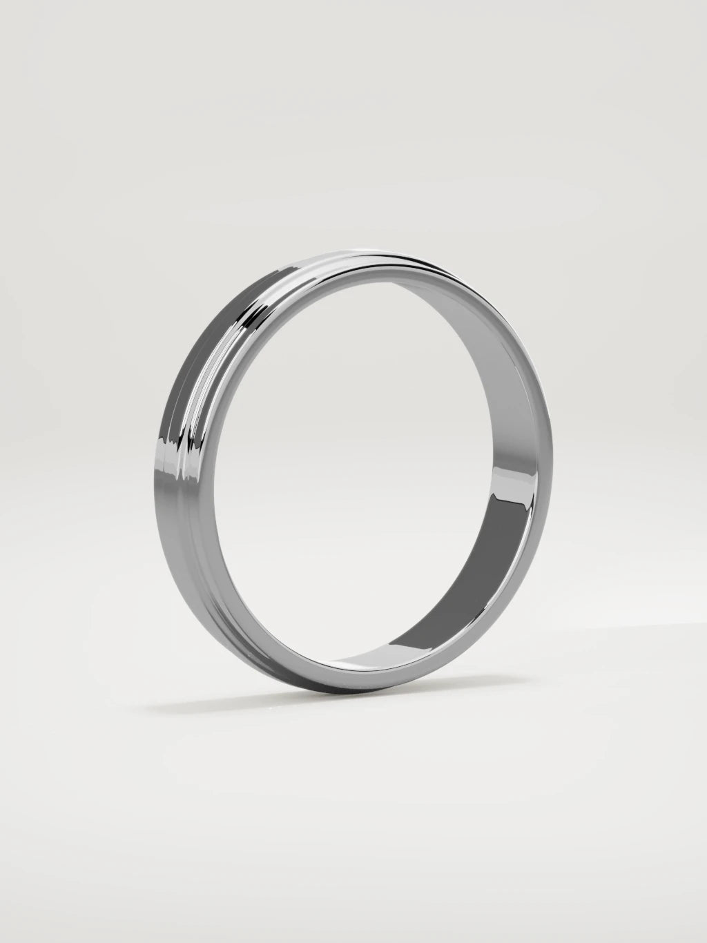 The Linea center-ridge men's wedding band in 14K white gold, 4 mm, standing three-quarter view