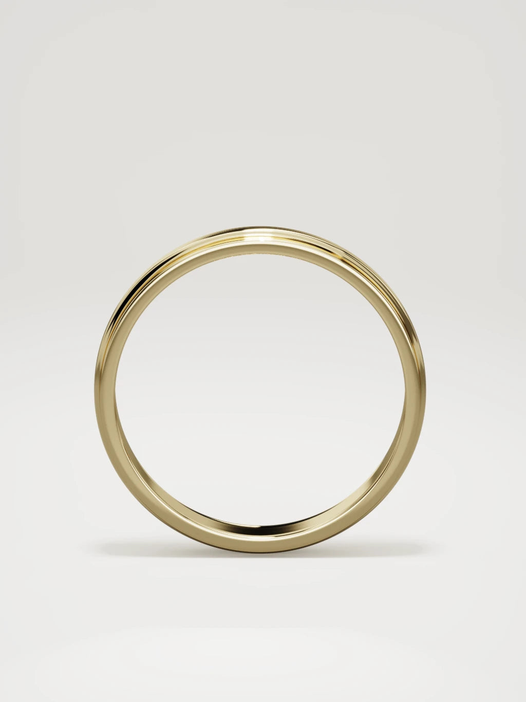 The Linea center-ridge men's wedding band in 14K yellow gold, 4 mm, standing front view
