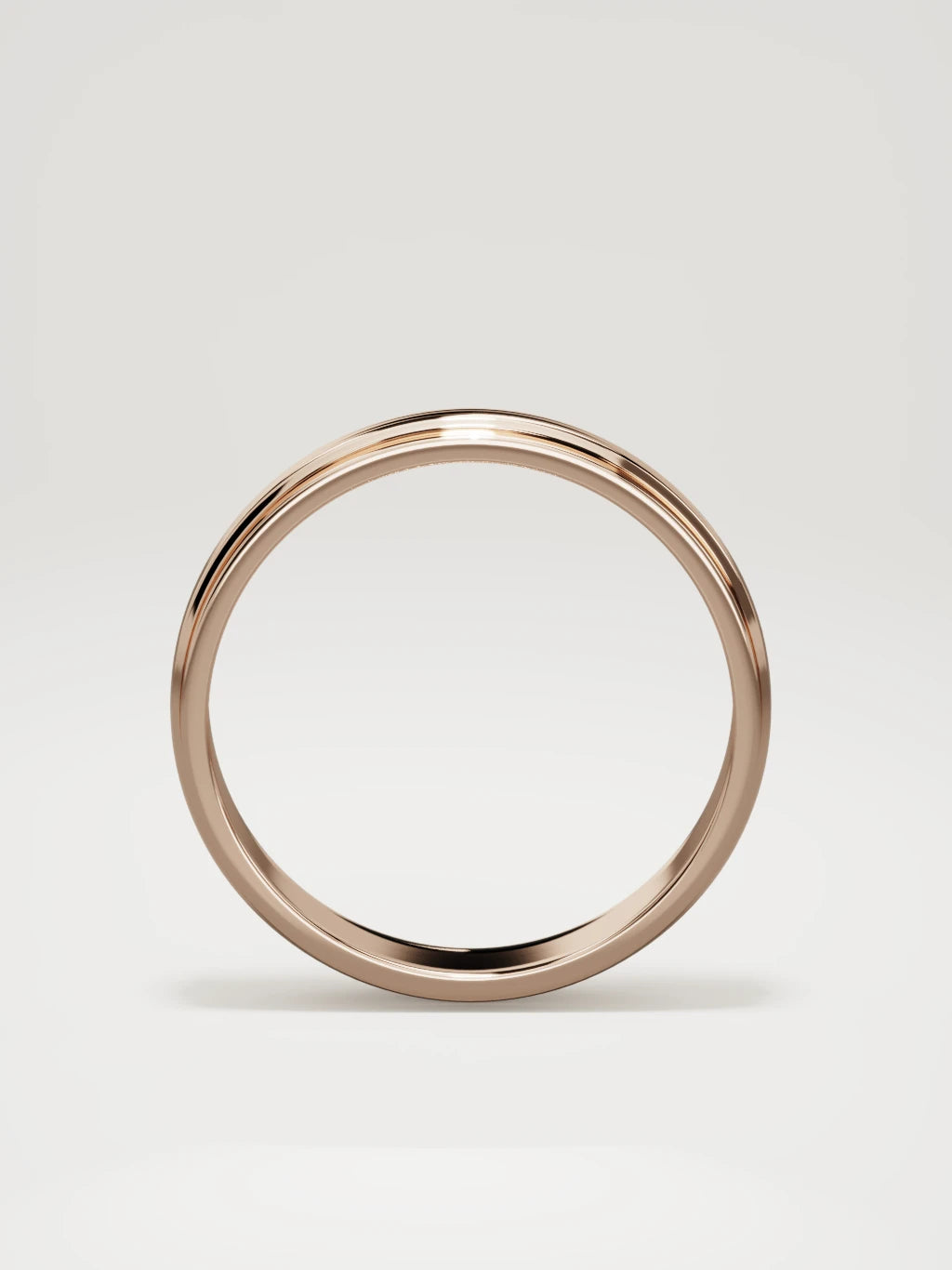 The Linea center-ridge men's wedding band in 14K rose gold, 5 mm, standing front view