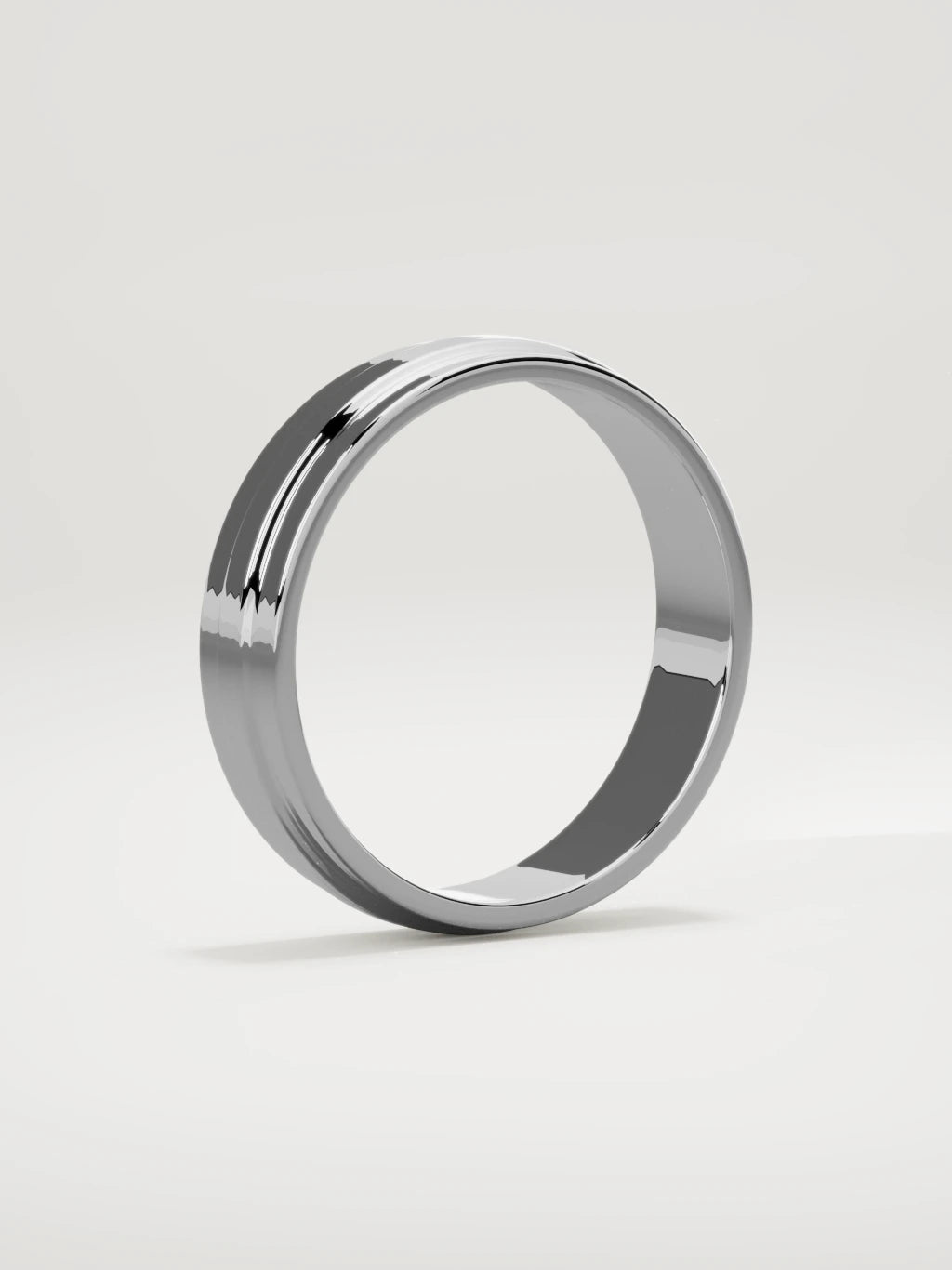 The Linea center-ridge men's wedding band in 14K white gold, 5 mm, standing three-quarter view