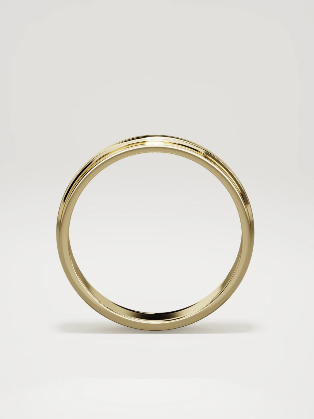 The Linea center-ridge men's wedding band in 14K yellow gold, 5 mm, standing front view