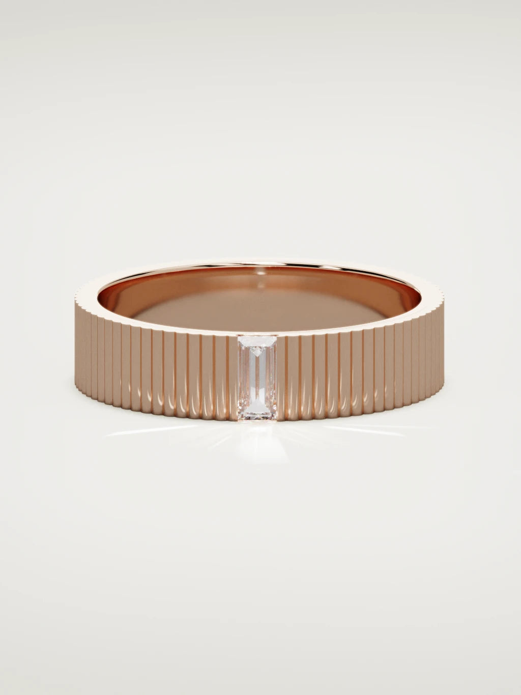 The Ritmo fluted baguette men's wedding band in 14K rose gold, 5 mm, front view