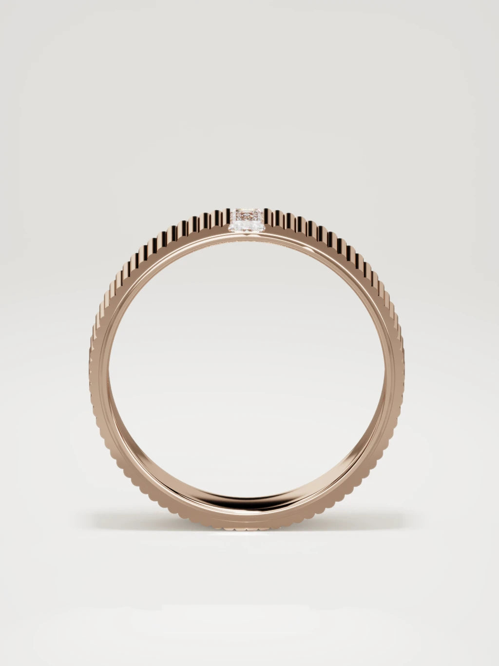 The Ritmo fluted baguette men's wedding band in 14K rose gold, 5 mm, standing front view