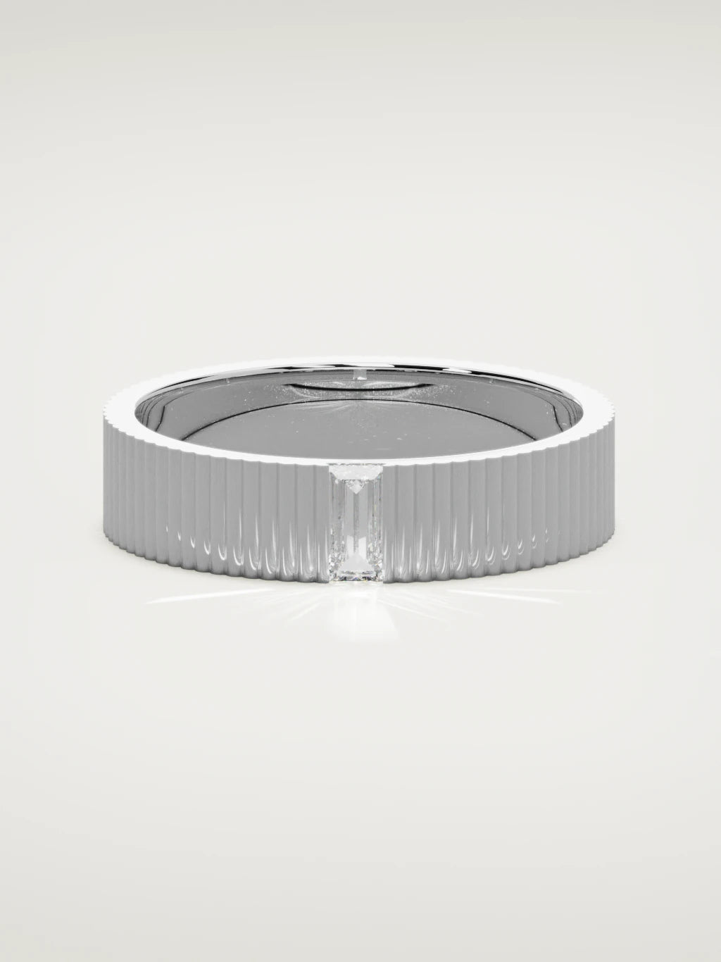 The Ritmo fluted baguette men's wedding band in 14K white gold, 5 mm, front view