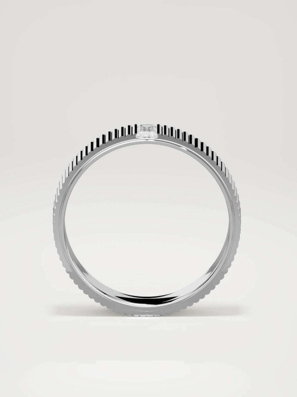 The Ritmo fluted baguette men's wedding band in 14K white gold, 5 mm, standing front view