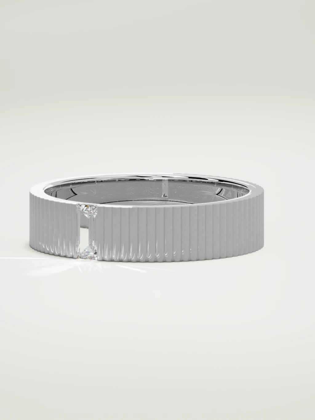 The Ritmo fluted baguette men's wedding band in 14K white gold, 5 mm, three-quarter view