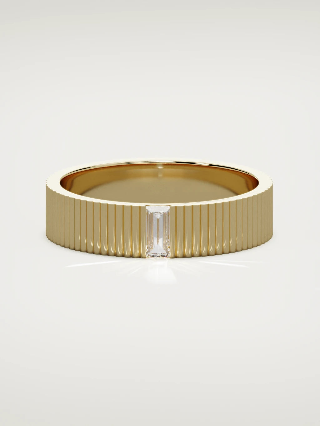 The Ritmo fluted baguette men's wedding band in 14K yellow gold, 5 mm, front view