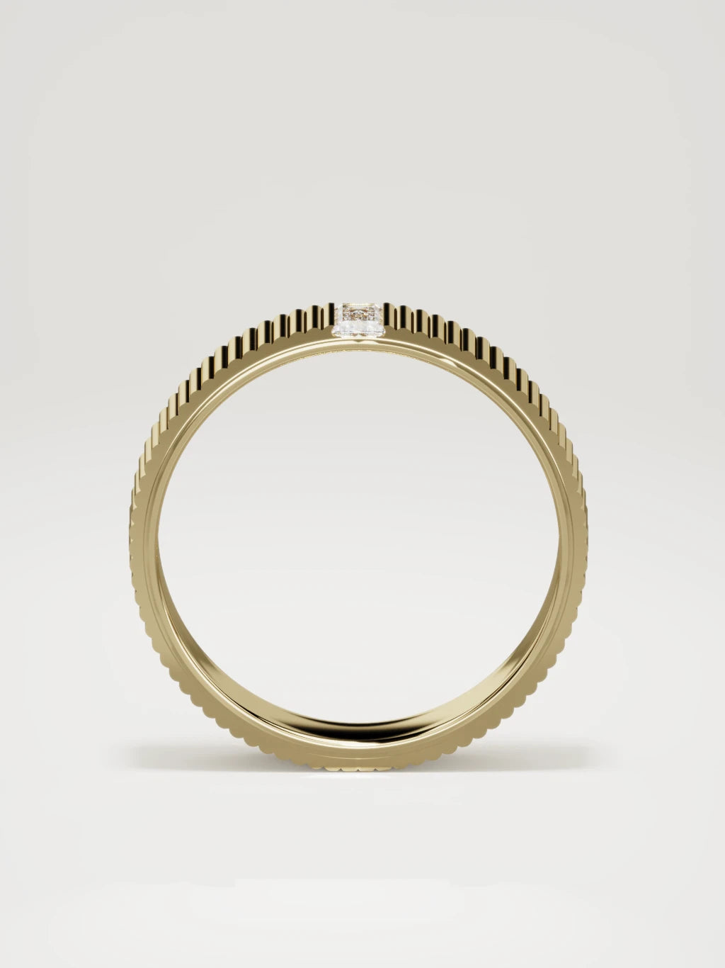 The Ritmo fluted baguette men's wedding band in 14K yellow gold, 5 mm, standing front view