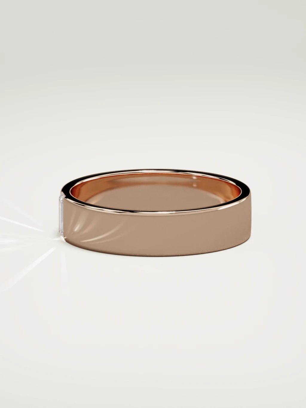 The Solo flat baguette men's wedding band in 14K rose gold, 5 mm, side view