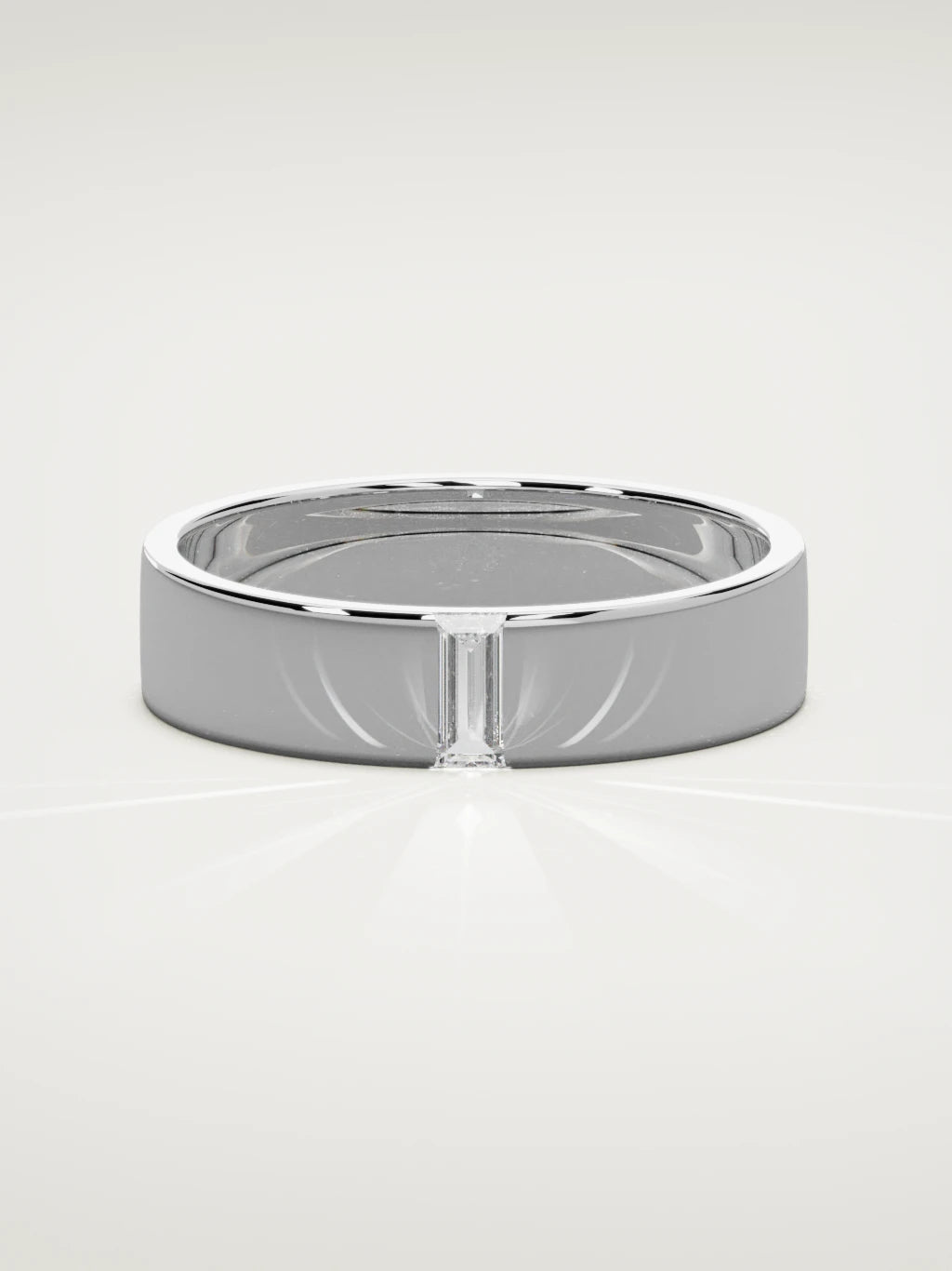 The Solo flat baguette men's wedding band in 14K white gold, 5 mm, front view