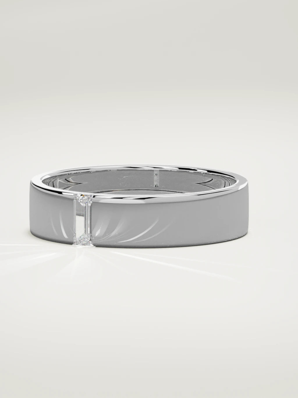 The Solo flat baguette men's wedding band in 14K white gold, 5 mm, three-quarter view