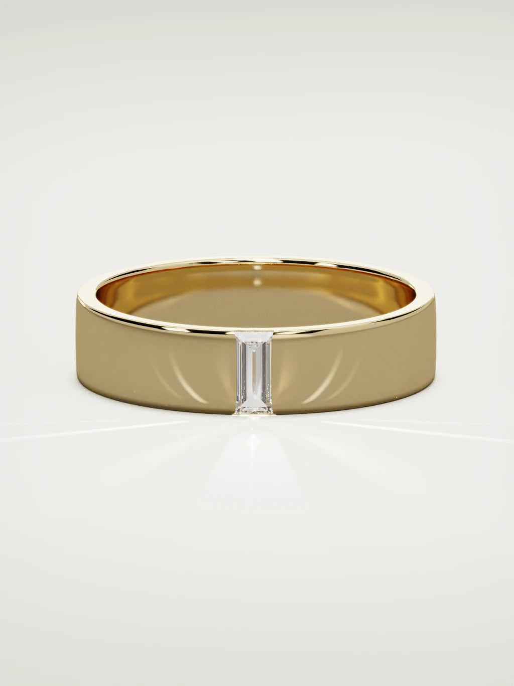 The Solo flat baguette men's wedding band in 14K yellow gold, 5 mm, front view