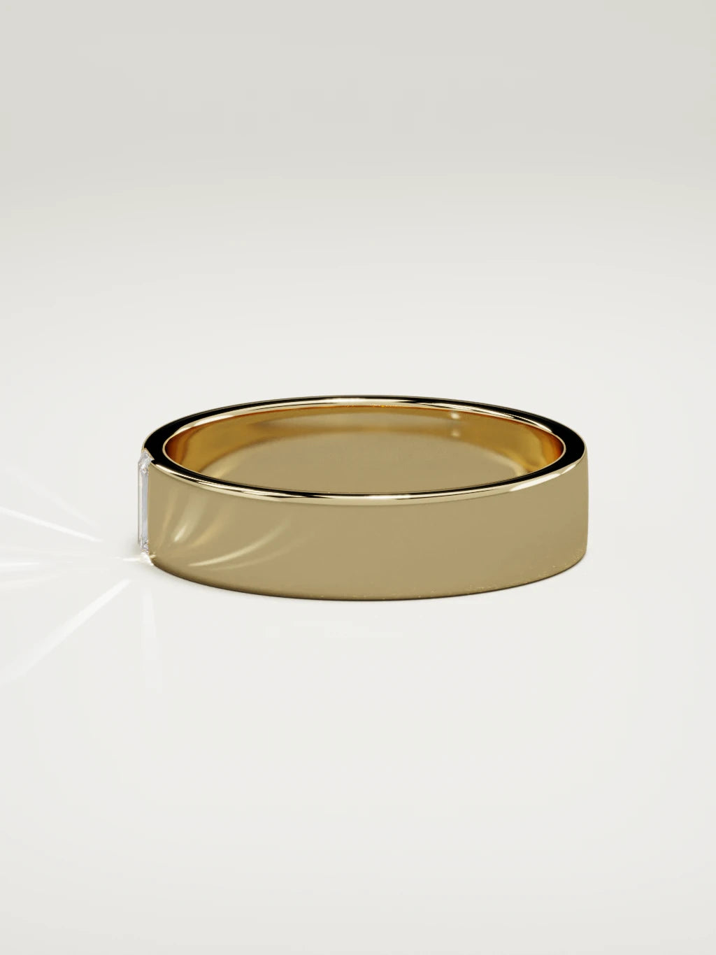 The Solo flat baguette men's wedding band in 14K yellow gold, 5 mm, side view
