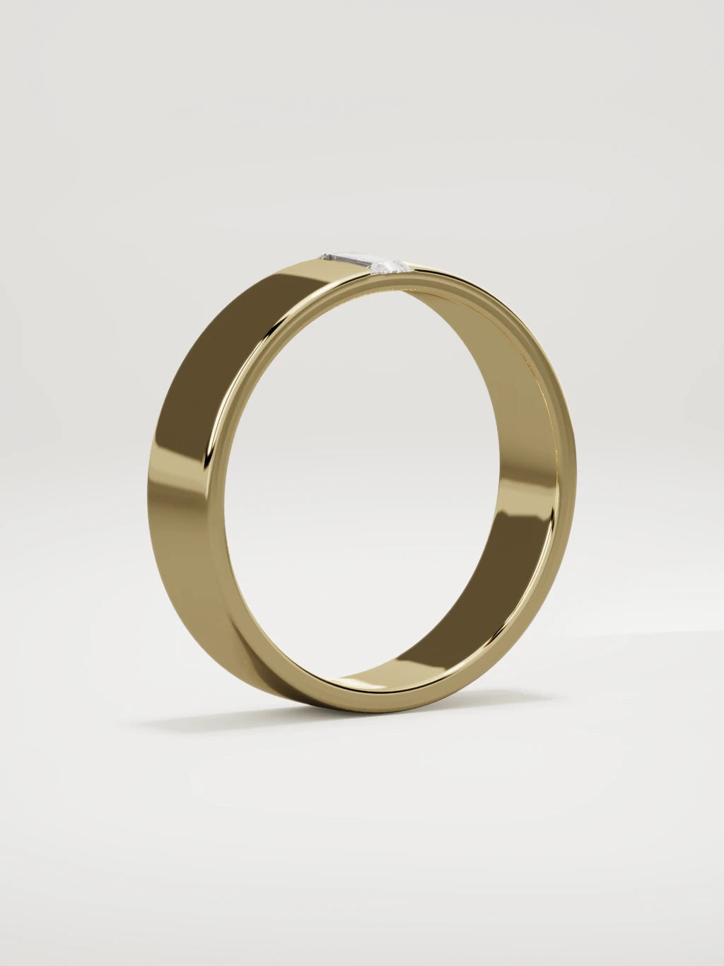 The Solo flat baguette men's wedding band in 14K yellow gold, 5 mm, standing three-quarter view